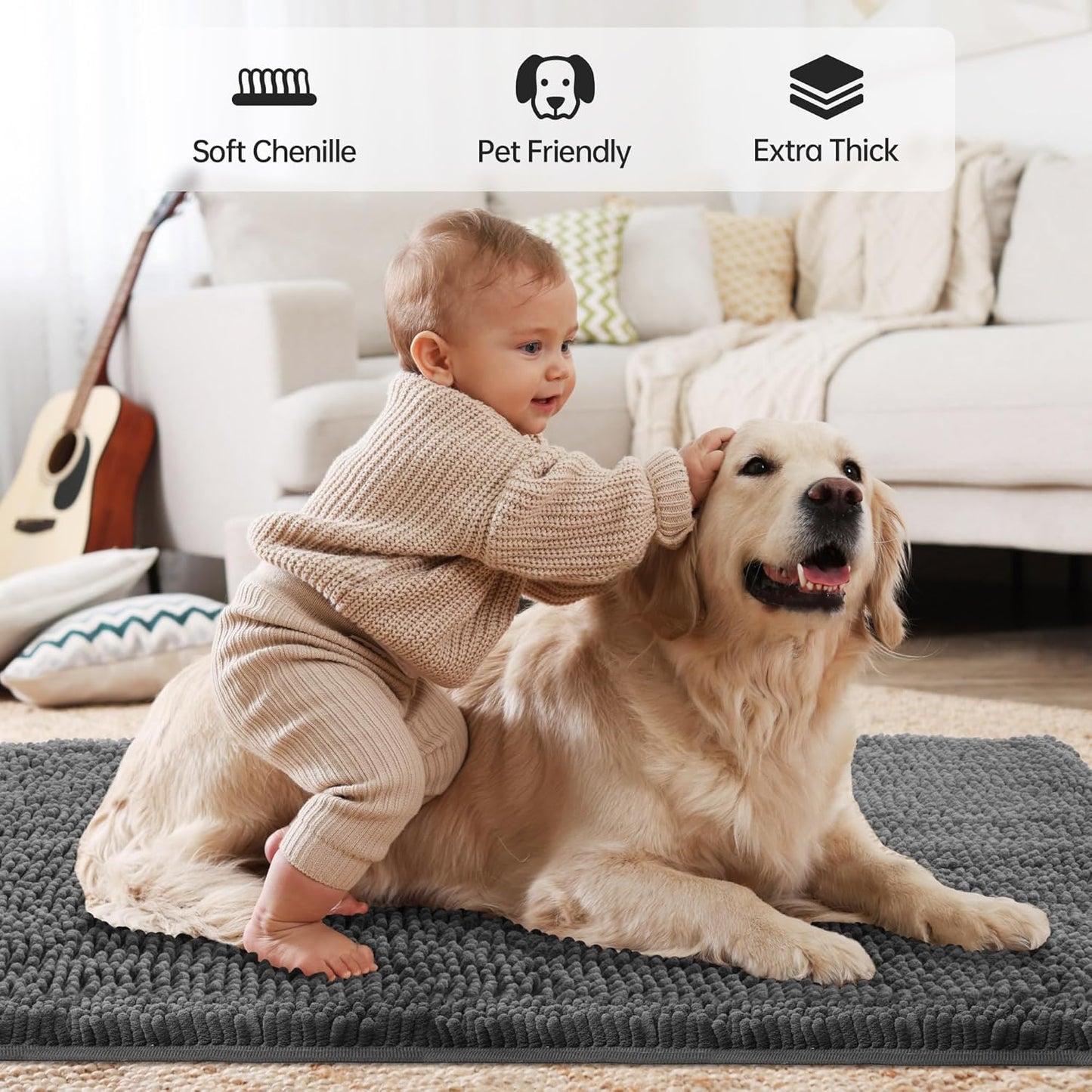 Ultra Absorbent Dog Door Mat for Muddy Paws, 72" x 36" Chenille Mud Mat for Dogs, Quick Dry, Trap Dirt Non-Slip Machine Washable Entry Rug for Indoor Outdoor Entrance, Dark Grey