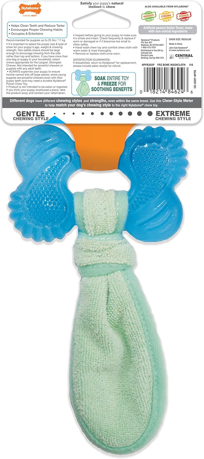 Nylabone Freezer Bone Puppy Chew Toy, Soothing Teething Toys for Puppies, Rubber & Terry Cloth, Peanut Butter Flavor, Small Dogs - Up to 25 lbs., 1 Count