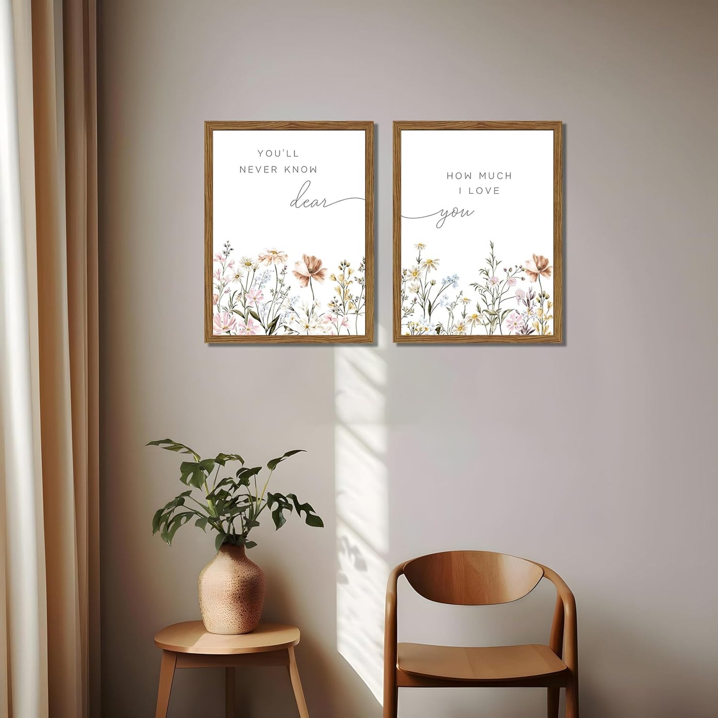 Wood Framed Wildflower Nursery Wall Art Set of 2, Boho Flower Botanical Wall Decor Paintings, Baby Girl Nurseries Pictures Posters Prints for Nursery Baby Room Bedroom Home Decoration 12x16 Inch