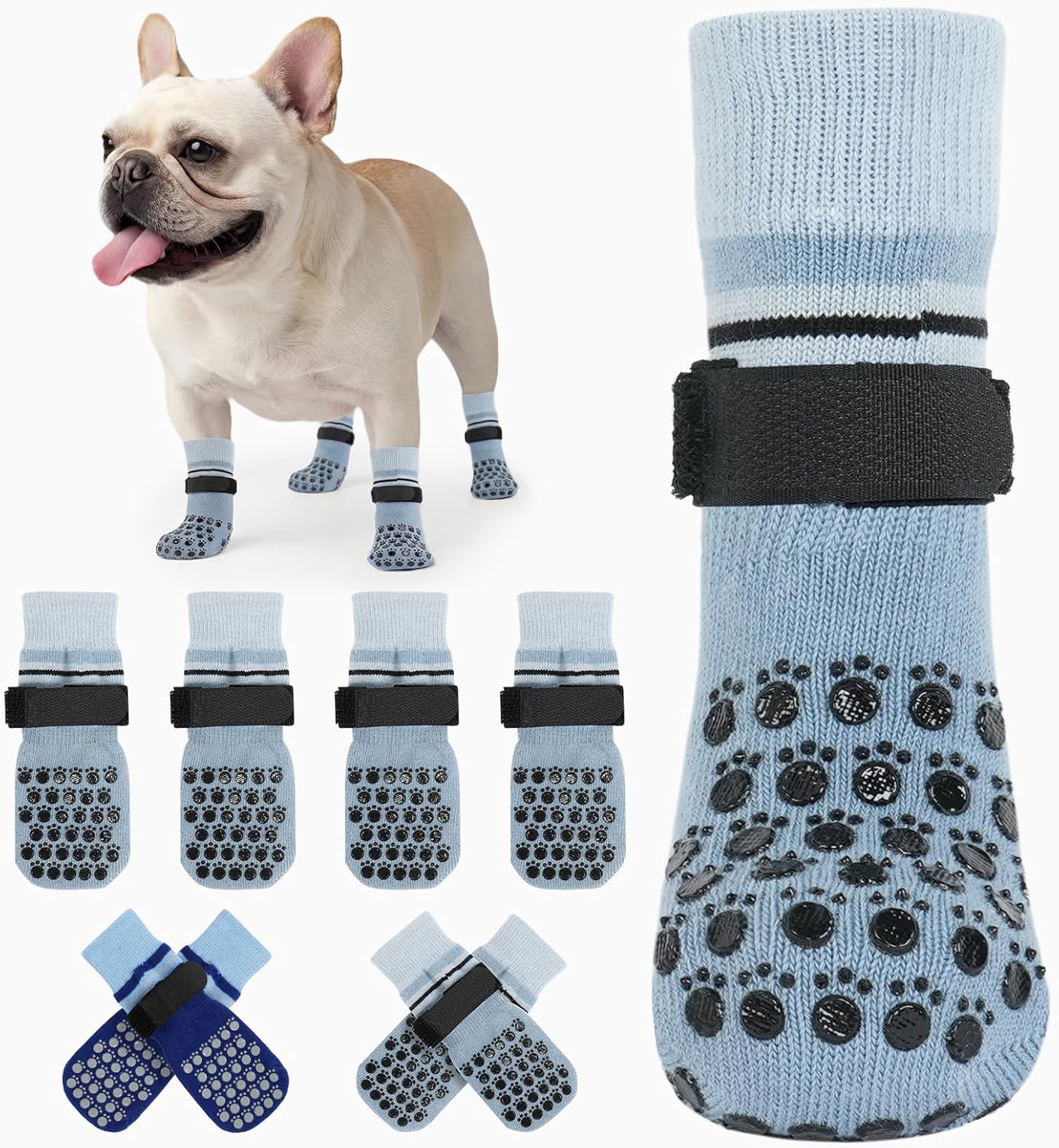 Kuoser Dog Socks, Non-Slip Dog Grip Sock for Hardwood Floors, No Twist Dog Boots & Paw Protectors 4 Pcs Anti-Scratch Hot Pavement Winter Snow Socks for Small Medium Large Senior Dogs, Grey XS
