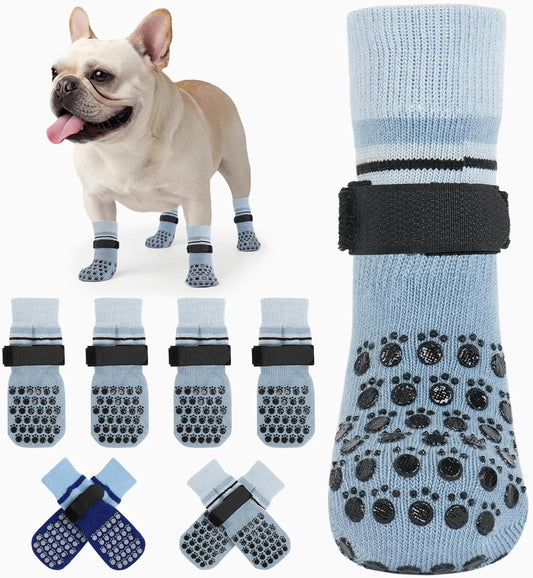 Kuoser Dog Socks, Non-Slip Dog Grip Sock for Hardwood Floors, No Twist Dog Boots & Paw Protectors 4 Pcs Anti-Scratch Hot Pavement Winter Snow Socks for Small Medium Large Senior Dogs, Grey XS