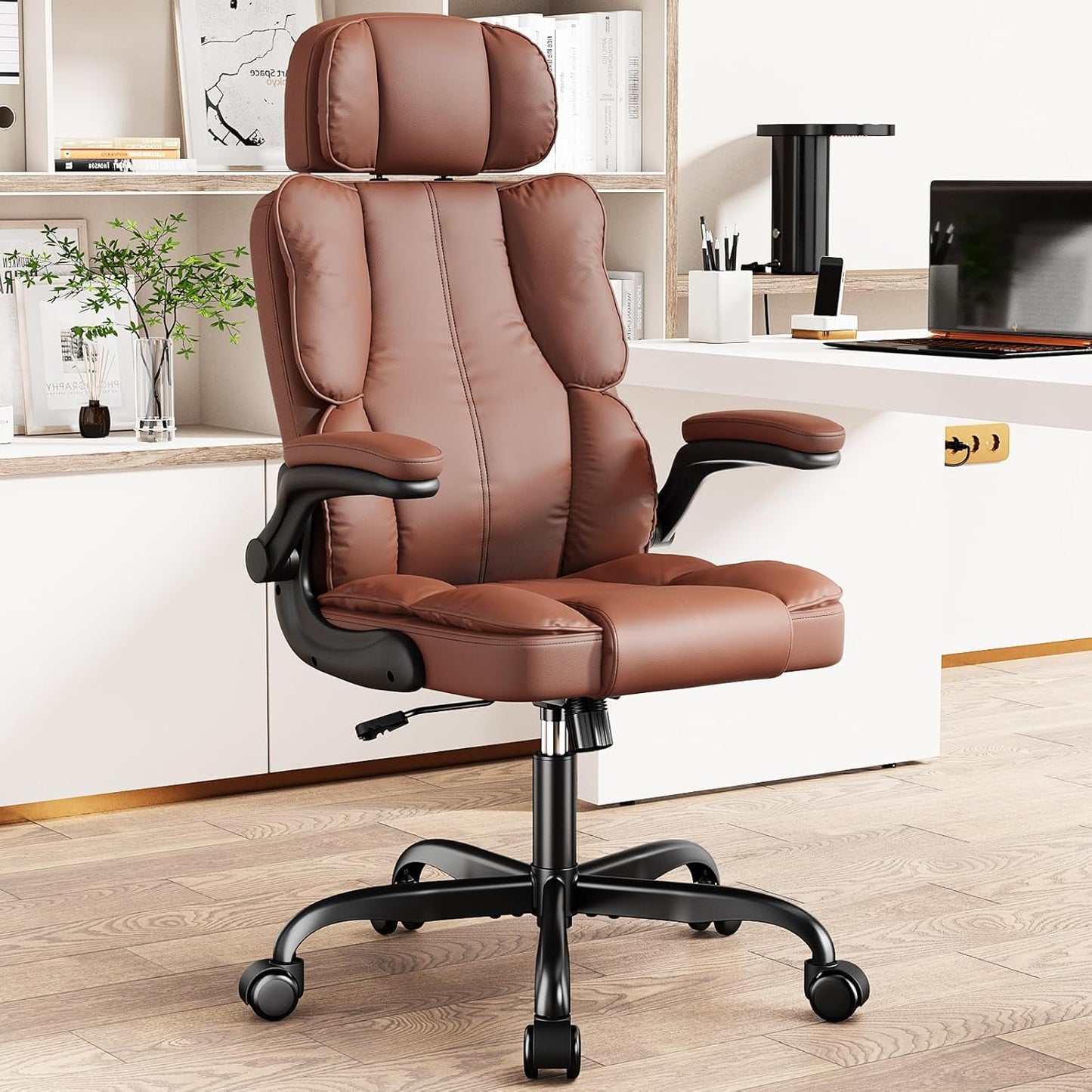 Executive PU Leather Office Chair, Computer Chair with Thick Cushion & Lumbar Support, Ergonomic Desk Chair with Adjustable Headrest & Armrests,Brown