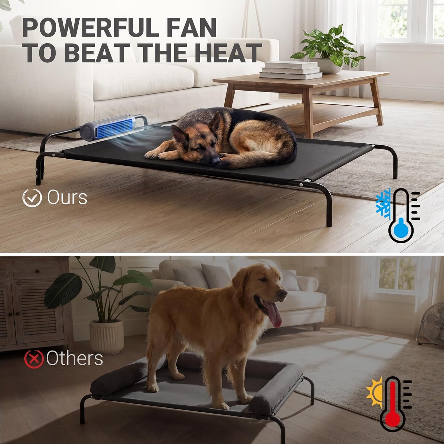 Elevated Outdoor Dog Bed with Fan - Cooling Dog Bed for Large Dogs, Waterproof Cot Easy to Assemble, 3 Wind Speed, Raised Dog Bed with Washable Mesh Cover, Durable, Non Slip, Up to 105 lbs