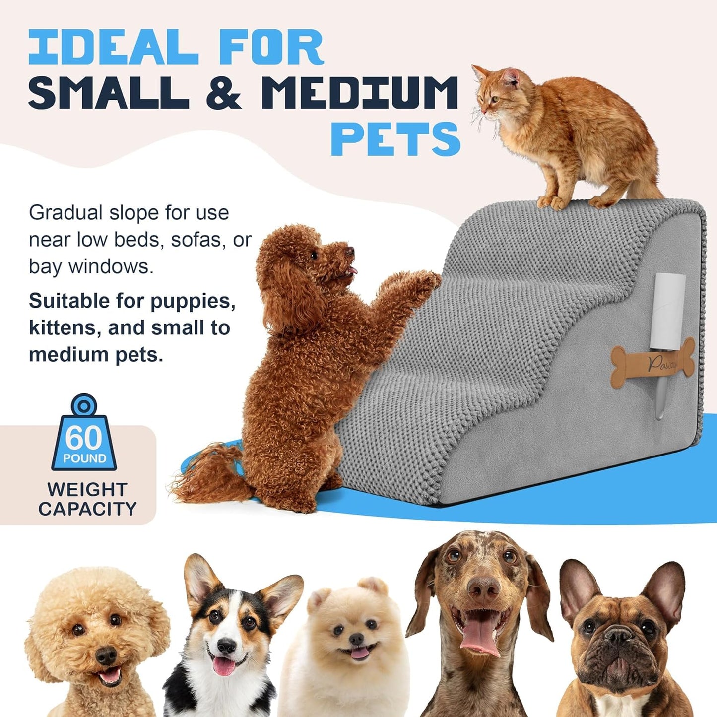 PAWZY Dog Stairs for Medium-Height Beds & Couches, 3-Step Foam Pet Steps 15.5” High for Small Dogs & Cats up to 60 lbs, Wide Non-Slip, Waterproof Washable Zipper Cover, No Assembly, Grey