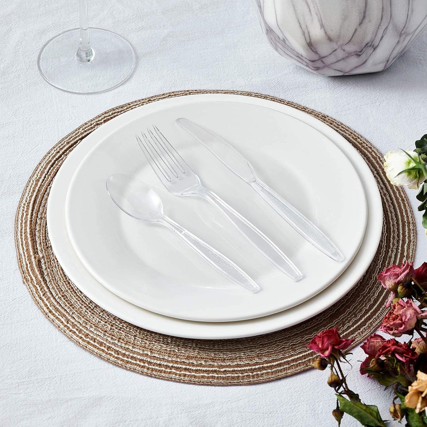 Cutlery Set Plastic Utensils Clear Forks Spoons Knives Disposable Silverware Heavyweight [300 Combo Box]