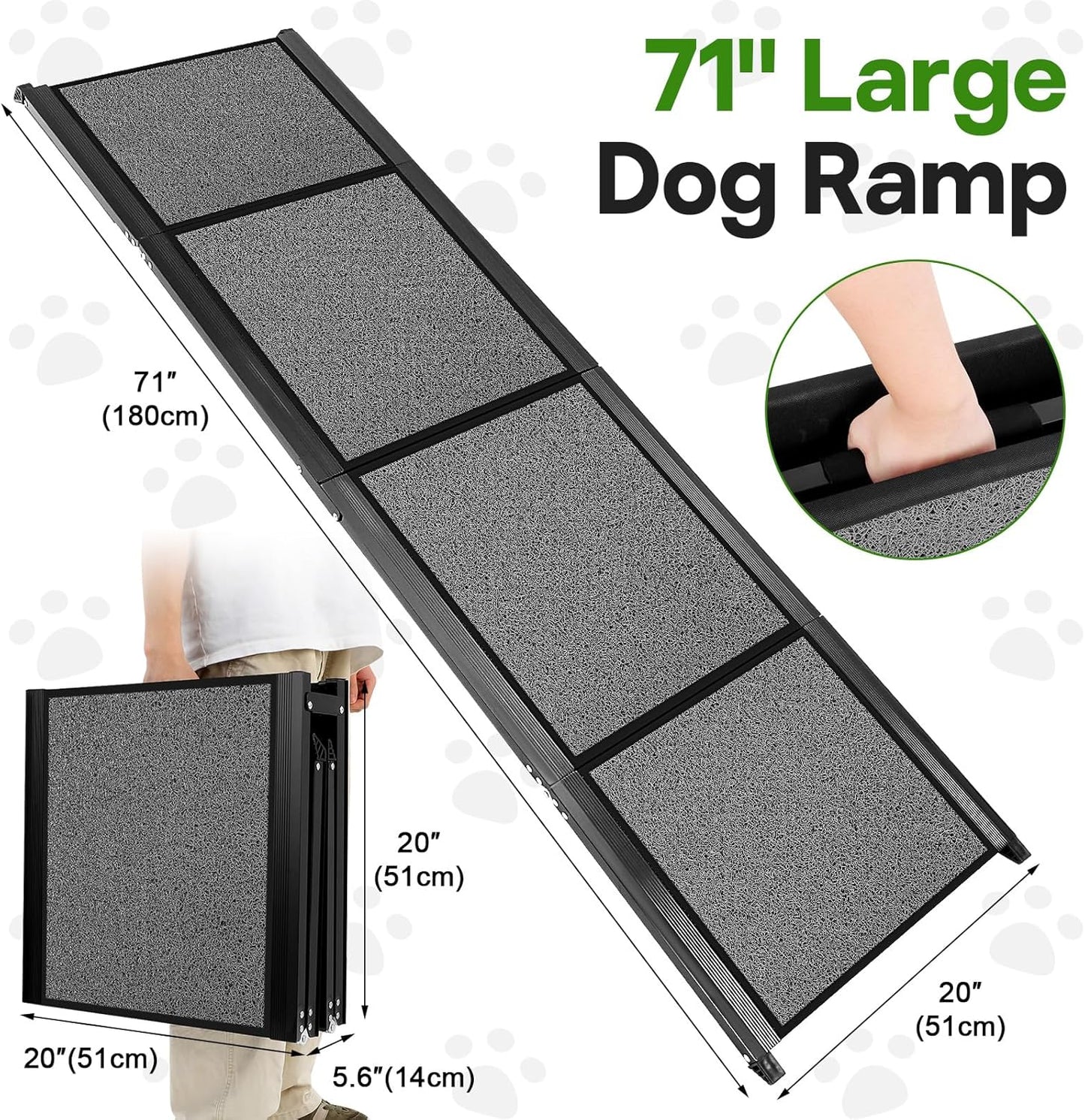 HEALLILY Dog ramp for Car, 71''x 20'' Dog Ramps for Large Dogs, Folding Outdoor Dog Ramps for Stairs, Up to 300LBS, Non-Slip Rug Surface, 5s installation, Dogs Car Steps for Large Dogs Suv, Truck, LKW