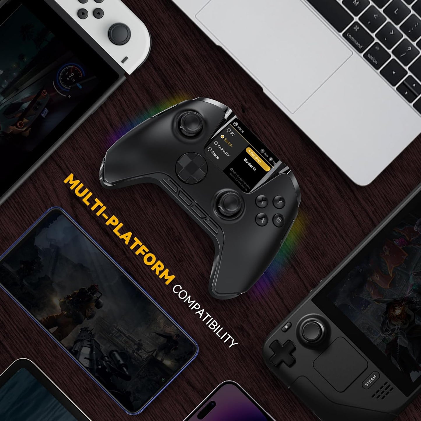 ManbaOne Interactive Screen Wireless Gaming Controller for PC/Switch/Switch 2/iOS/Android,Hall Effect Stick & Trigger,RGB Lighting,Remappable Buttons,1800mAh with Charging Dock (Black)