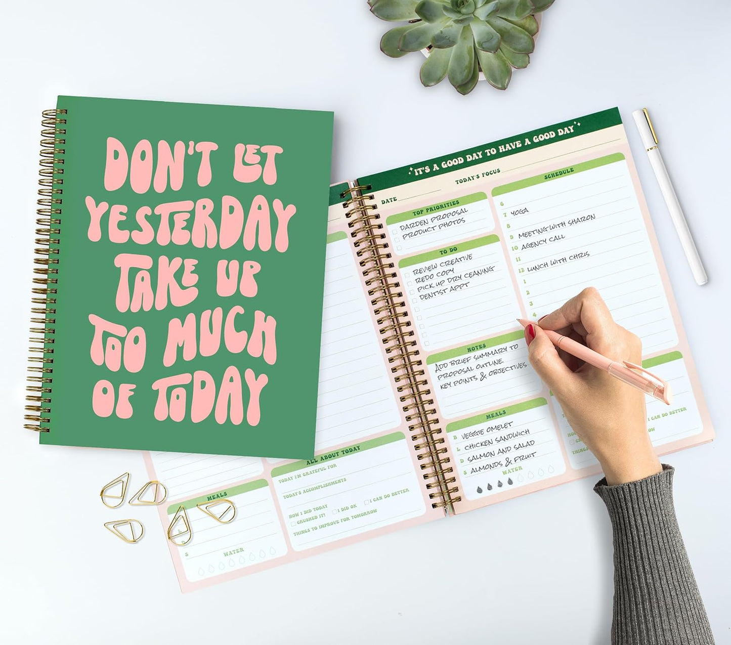 Undated Daily Planner Notebook 7.75x10, Cute Planner Notebook, Pink Green To Do List Notebook, Large Hardcover Spiral Schedule Notebook Planner, Inspirational Quote Planner Students Girls Teens