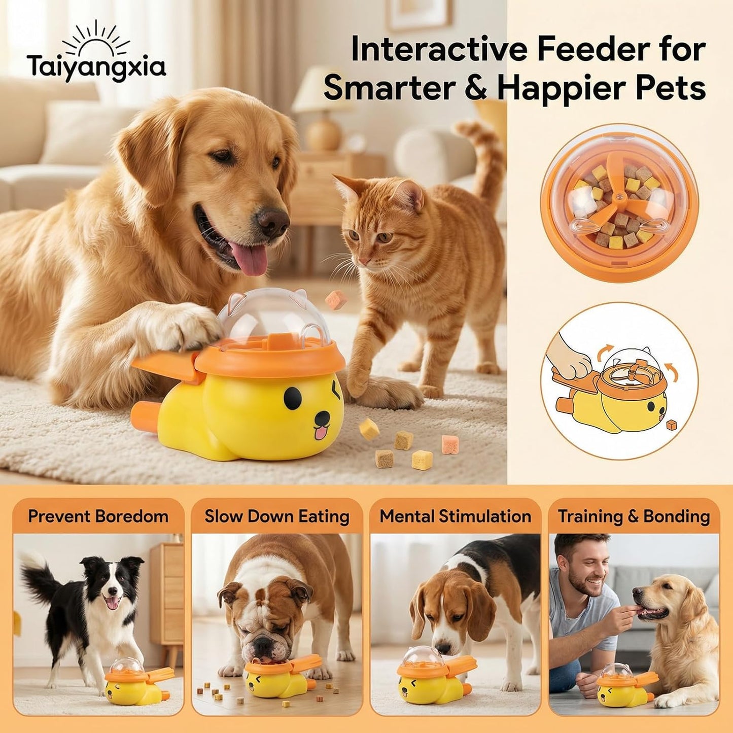 2-Pack Interactive Dog Treat Dispenser Toy, Press-Type Puzzle Cat Feeder for IQ Training and Mental Stimulation, Slow Feeder Enrichment Toy for Small to Mid-Size Dogs and Cats, Orange-Yellow