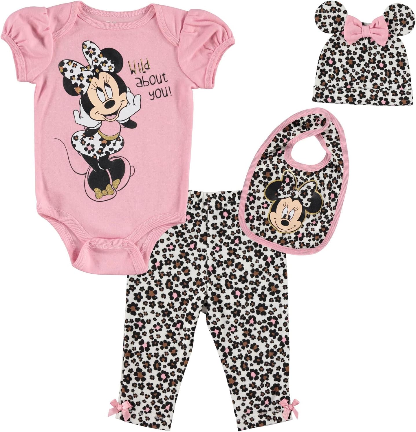 Disney Minnie Mouse Baby Girls Bodysuit Pants Bib and Hat 4 Piece Outfit Set Newborn to Infant