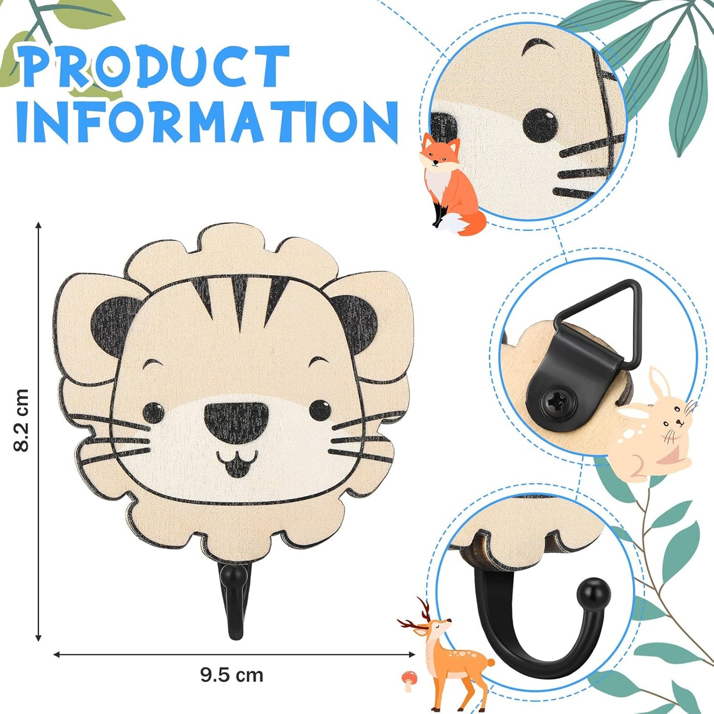 Qunclay 4 Pcs Safari Animal Wall Hooks for Kids, Wooden Jungle Baby Safari Nursery Decor Hooks, Cute Lion Zebra Giraffe Hanger for Childs Nursery Bathroom Bedroom Home Decor