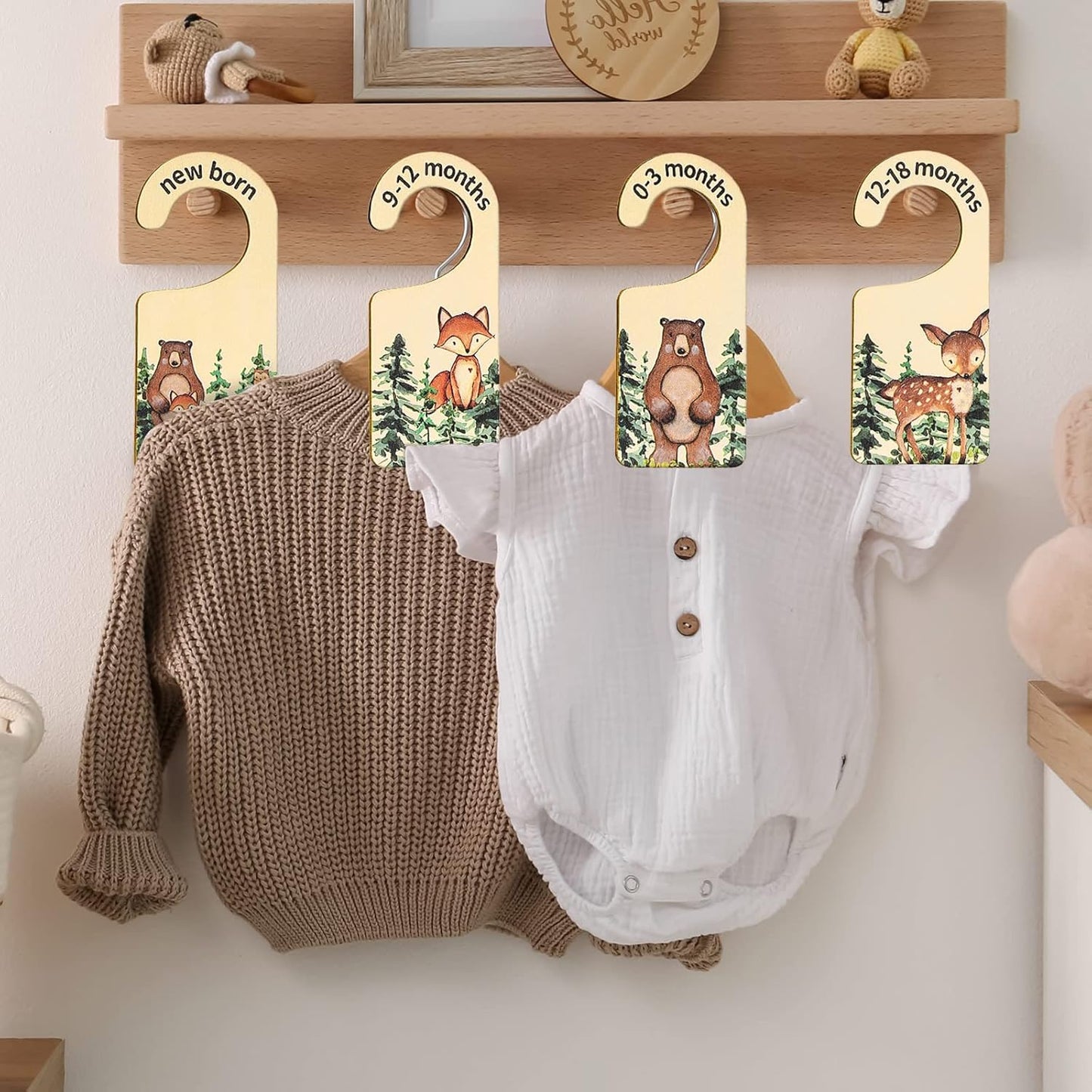 Whaline 8 Pcs Baby Closet Size Dividers Woodland Design Hanging Wooden Baby Closet Organizer Newborn to 24 Months Thicken Babies Wardrobe Organizer for Home Nursery Decor