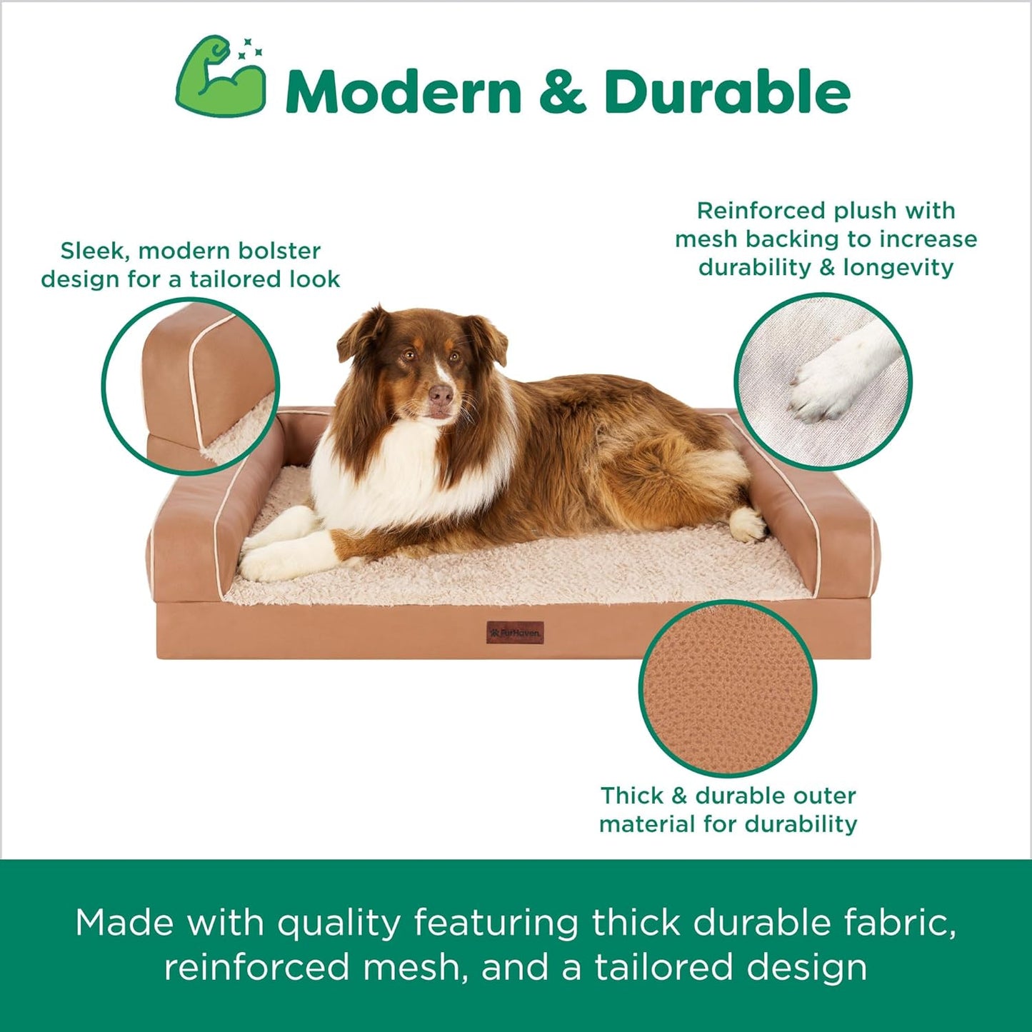 FurHaven Textured Plush & Coated Polyester Solid Core Modern Sofa Pet Bed, Camel, Medium