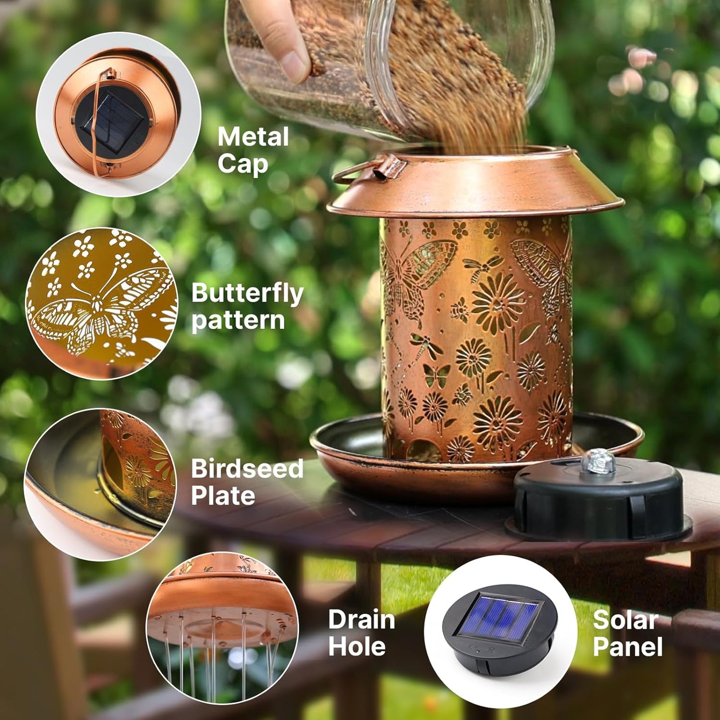 Solar Bird Feeders for Outdoors Metal Butterfly Lantern Hanging on a Tree Metal Wild Bird Feeder Decoration for Patio,Yard,Lawn,Pathway,Garden,Garden Decor Gifts for Bird Lovers Mom Friends