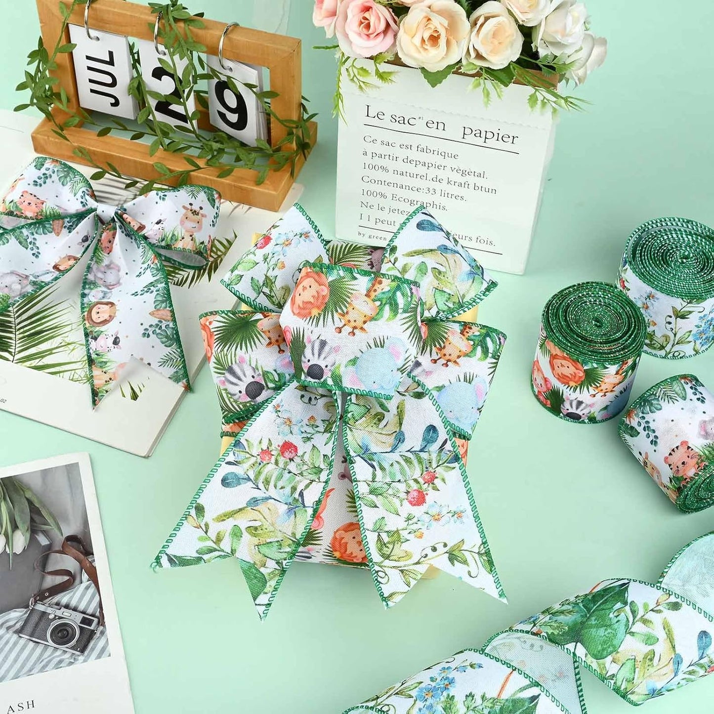 4Rolls 20 Yards Jungle Animal Diaper Cake Wired Ribbon 2.5 Inch Forest Green Leaf Ribbons Cute Animal Print Ribbons for Diaper Wrapping Birthday Baby Shower Craft Supplies