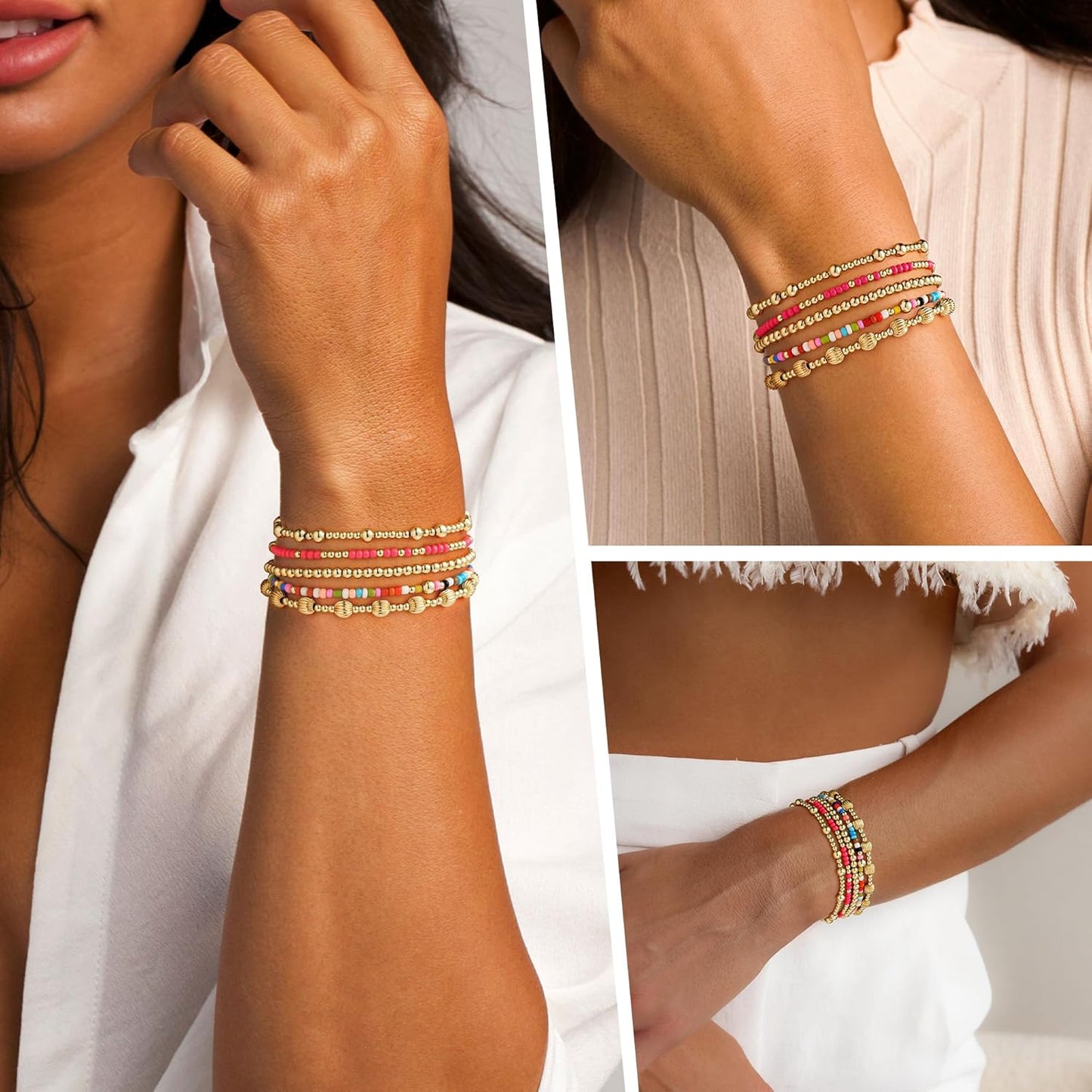 Turandoss Gold Beaded Bracelets for Women Girls - Dainty 14K Gold Plated Turquoise Cross Bead Bracelet Pearl Bracelets Set for Women Heishi Clay Beaded Bracelet Jewelry Gifts for Her
