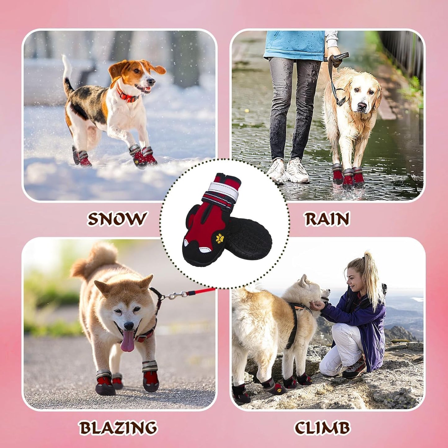 Dog Shoes for Large Dogs, 360°Anti Slip Medium Dog Boots & Paw Protectors Winter Snowy, Waterproof 4Pcs Dog Booties with Reflective Strips (Size 7: 2.76''x3.27''(W*L), Red)