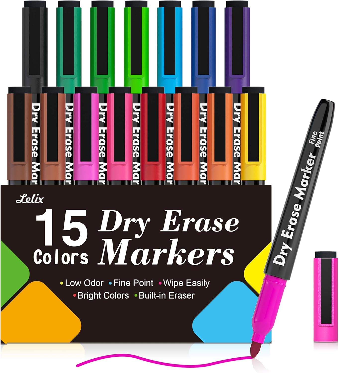 Lelix 15 Colors Dry Erase Markers, Magnetic Whiteboard Markers Fine Point with Eraser for Back to School, Office, Home Perfect for Writing on White Board, Dry Erase Board, Mirror, Glass