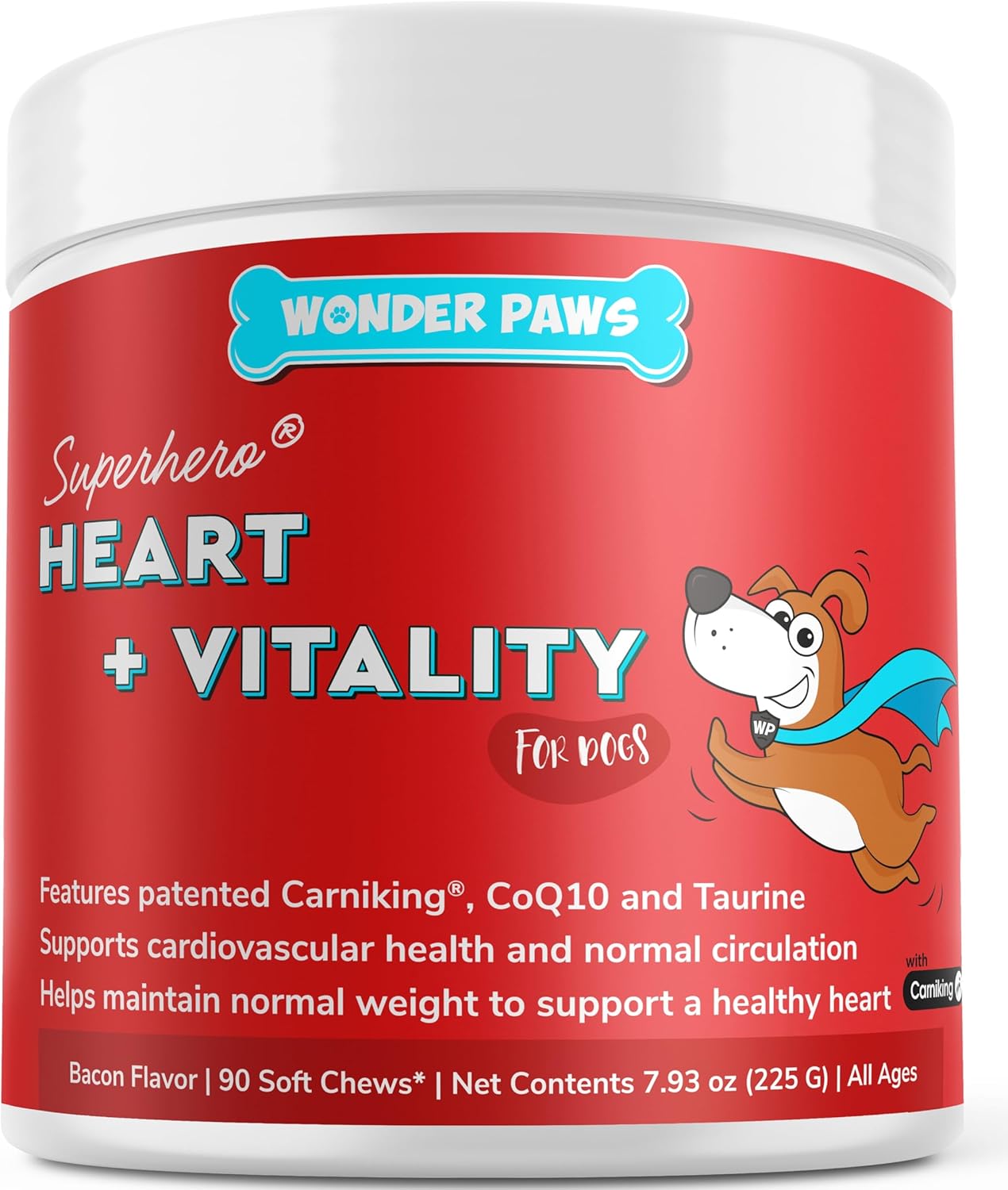 Wonder Paws Cardio Support for Dogs – Cardiovascular Chews Heart Health, Circulation, Energy & Weight Management - with L-Carnitine, Hawthorn Berry, Coenzyme Q10 & Taurine for Dogs – 90 Soft Chews