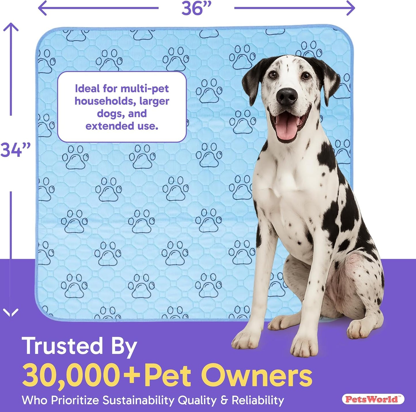 PETSWORLD Washable Reusable Dog Pee Pads (Pack of 4) – 34” x 36” Training Pads with Non-Slip Backing - Waterproof, Leakproof, Highly Absorbent Pet Pads for Puppies & Dogs