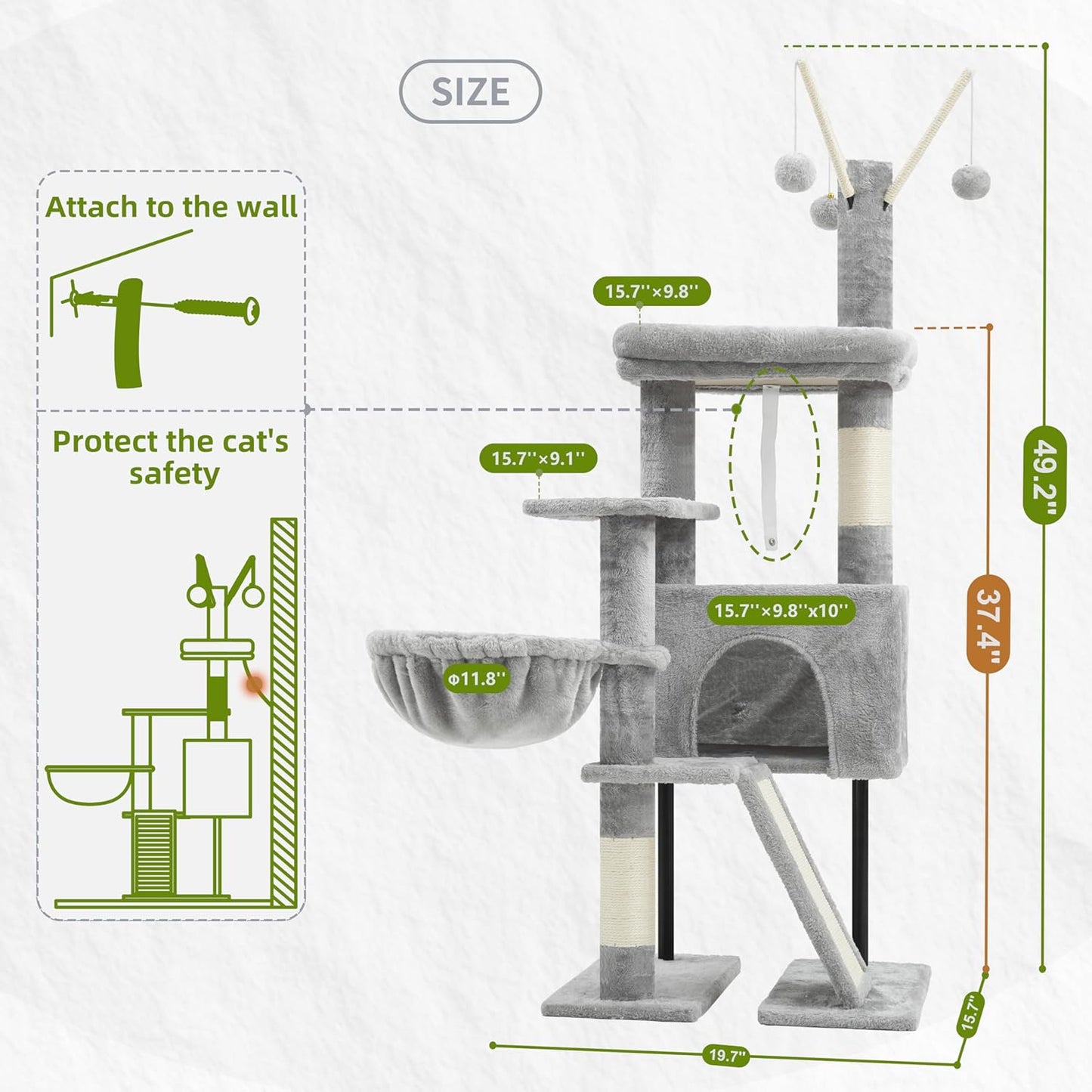 Cat Tree for Indoor Cats, Cat Tower with Scratching Post for Small Cats and Kittens, Cat House with Removable Top Platform and Fluffy Balls, Hanging Cat Basket, Light Gray GCT006SW