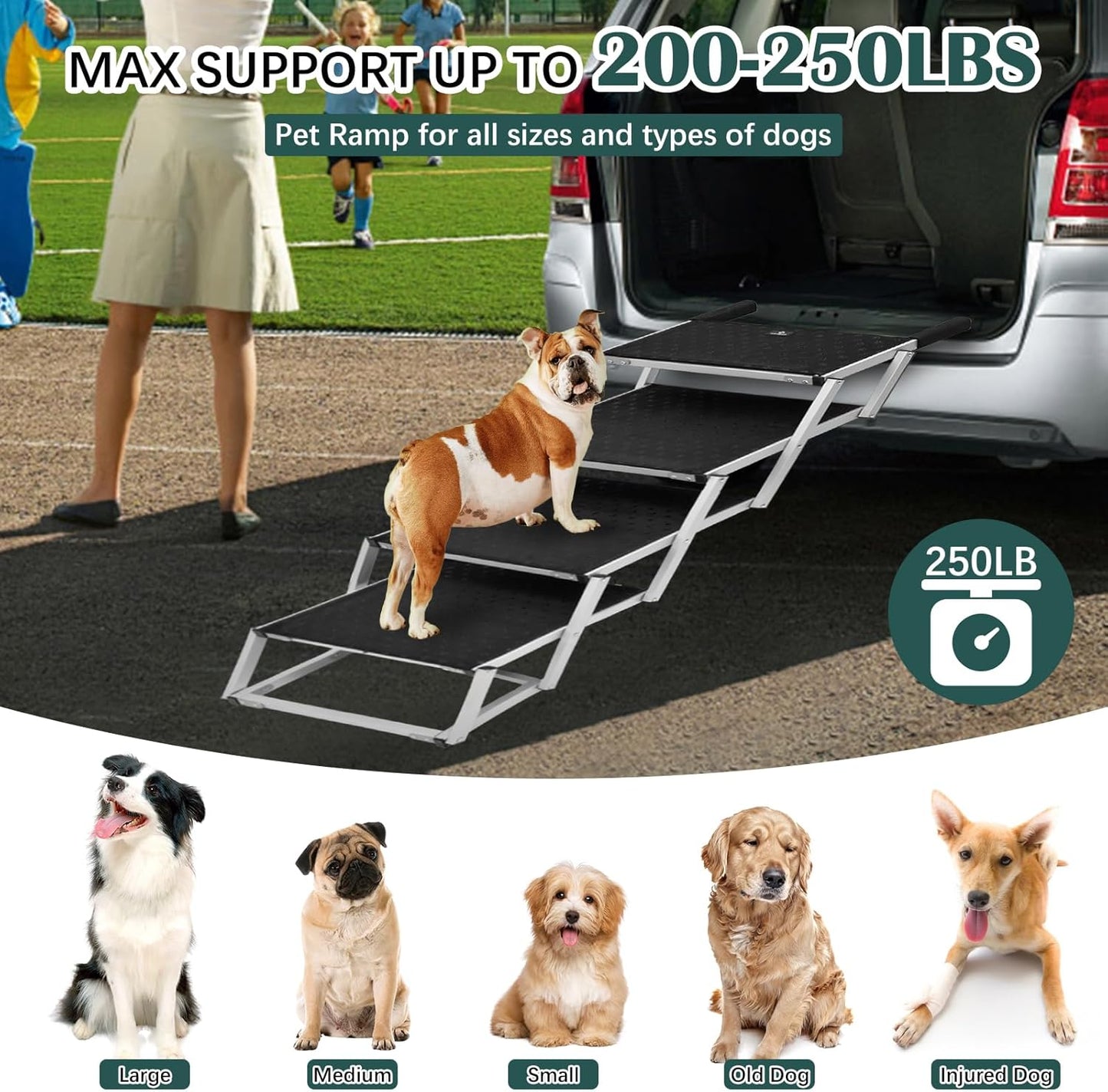 Joyrally Extra Wide Dog Stairs for Large Dogs,Dog Stairs for Cars,Foldable Dog Ramp Pet Steps Light Weight Aluminum,High Beds, Trucks, Supports up to 200 lbs (Extra Wide-4 Steps)