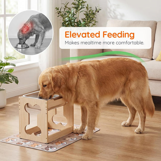 HOOBRO Elevated Dog Bowls with Stainless Steel Bowl, Raised Dog Bowl Stand for Medium, Large Breed Dogs, Heights Adjustable Water Bowl Stand, Wooden Dog Feeding Station, Non-Slip, Natural NL02PO03