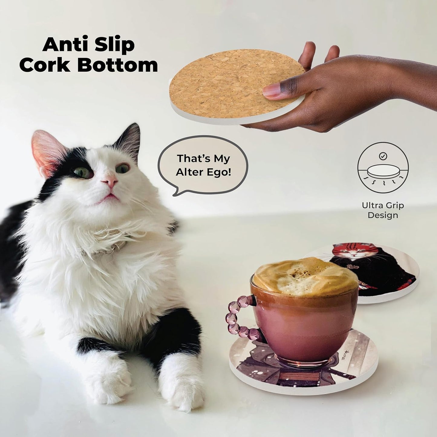 Gifts for Cat Lovers - Ninja Cat Coasters - Anime Cat Decor - Set of 6 Drink Coasters with Holder