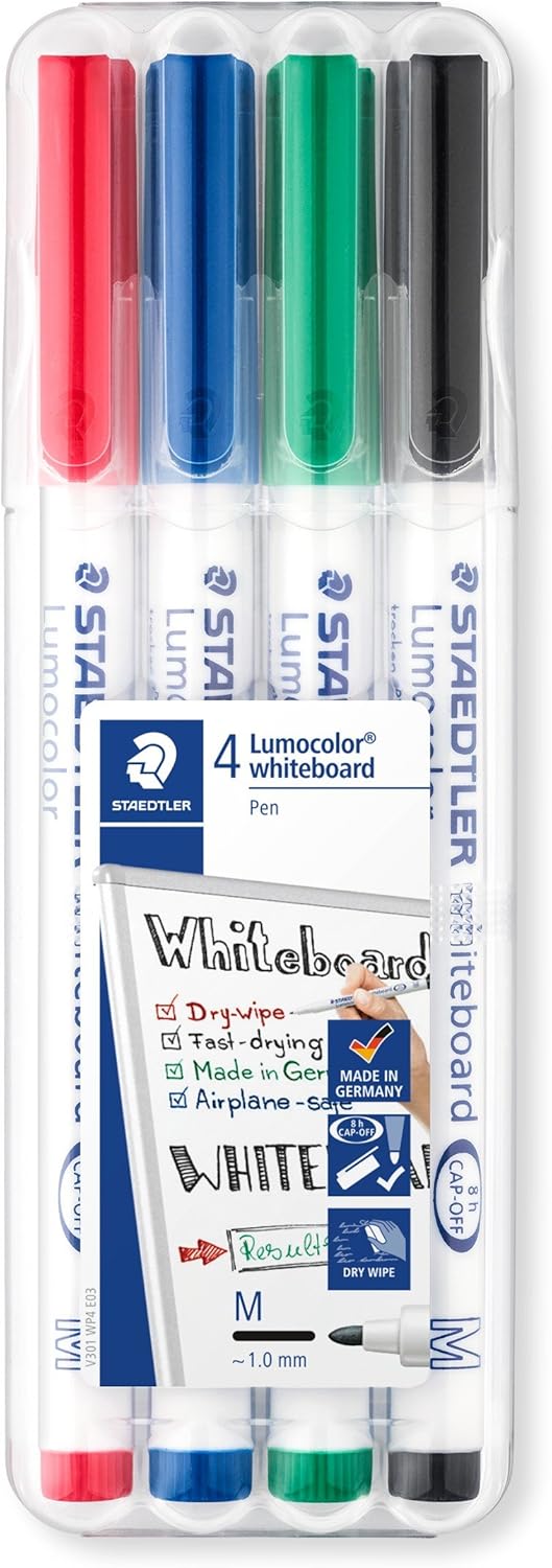 Staedtler Lumocolor drywipe/whiteboard medium tip pens wallet set of 4 markers