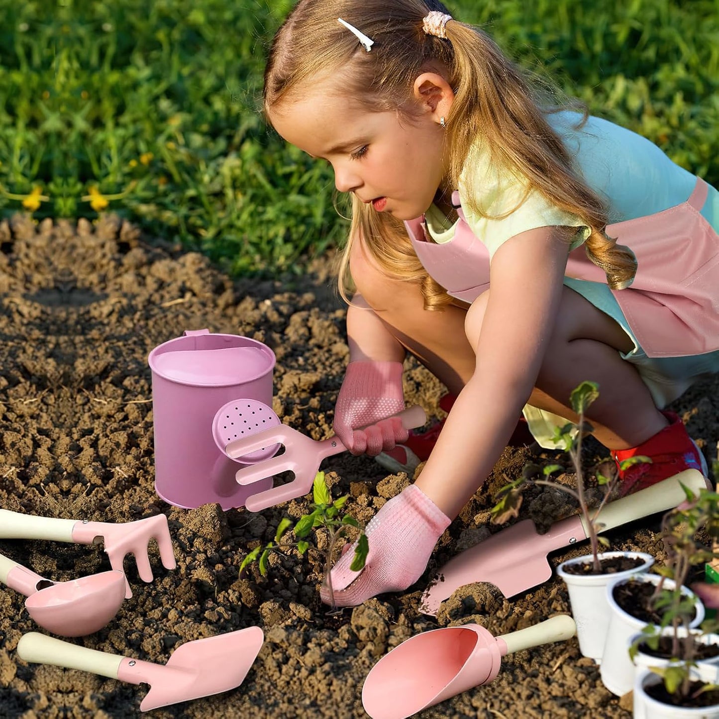 Kids Gardening Set 14Pcs Garden Tools with Tote Bag,Watering Can, Shovel, Apron, Garden Book and More Educational STEM Learning Outdoor for Toddlers Boys Girls (Floral)