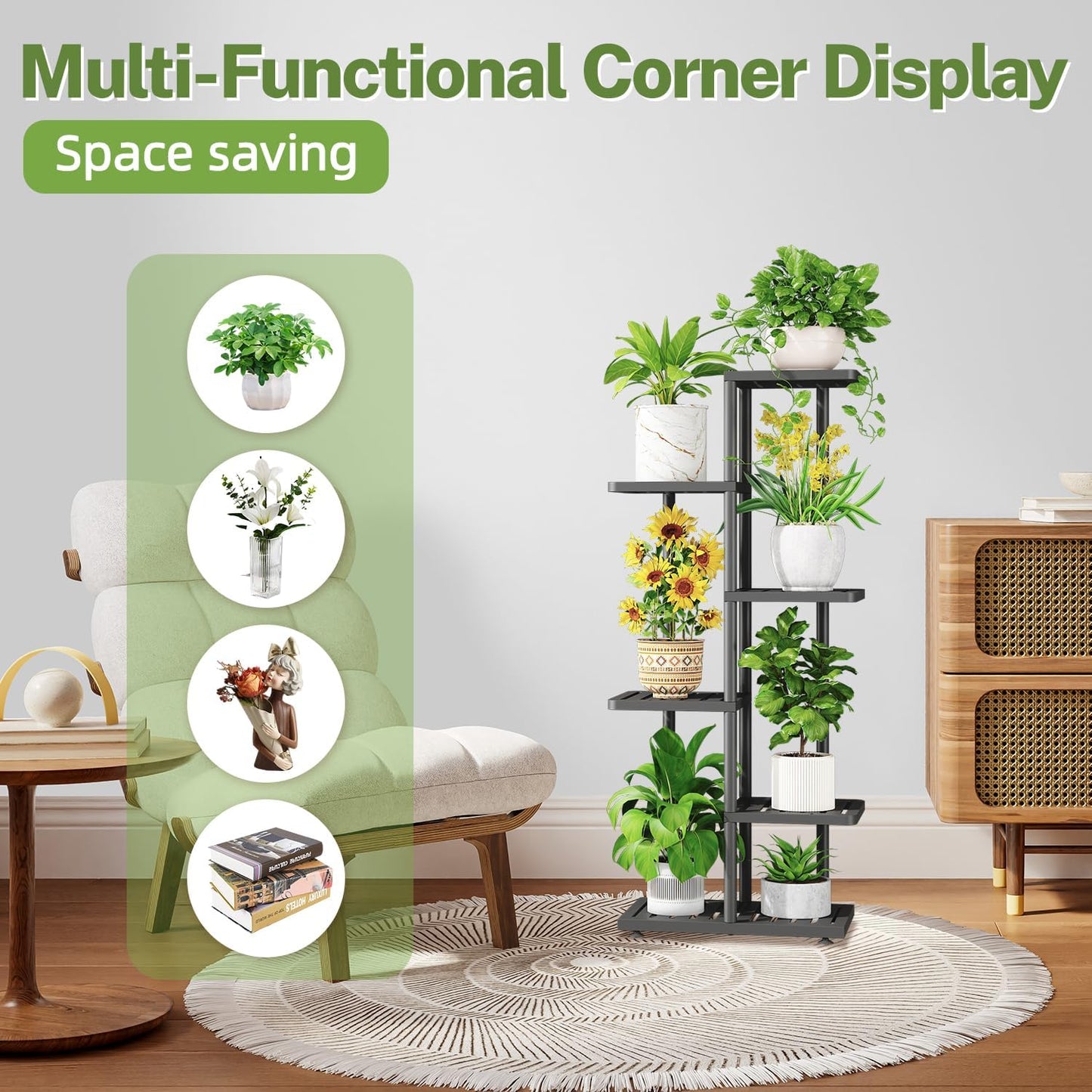 iDavosic.ly Plant Stand Indoor Outdoor, 5-Tier Tall Metal Flower Shelf for Heavy-Duty Large Planters, Corner Orchid Display Rack for Living Room Balcony Patio Porch, Space Saving, Modern Black