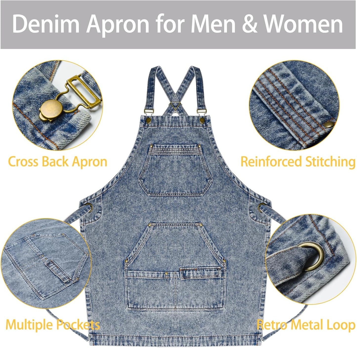 Denim Apron with Pockets, Cross Back Apron for Men Women, Jean Work Aprons for Hairstylist Barber Grilling Gardening, Adjustable S to L
