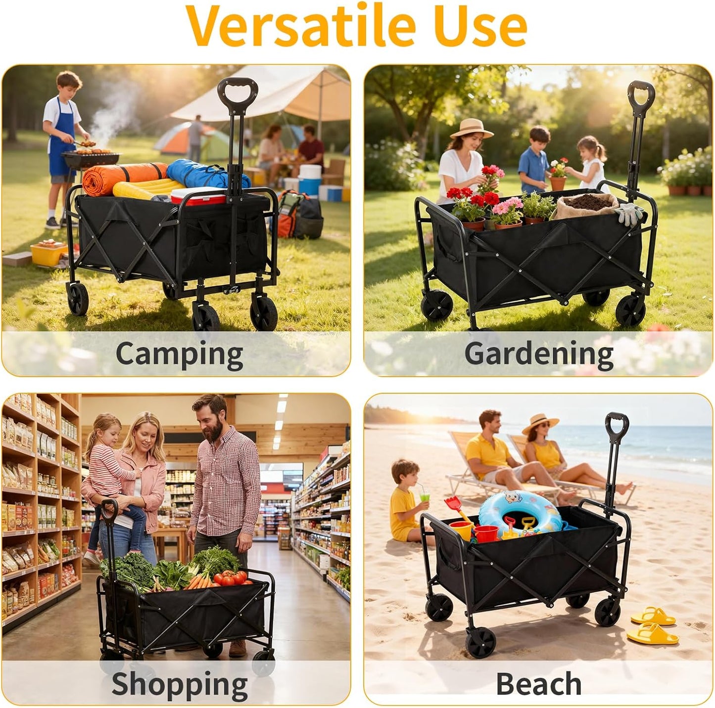Collapsible Folding Wagon Cart with Wheels, 220 LBS Capacity, Lightweight Portable Utility Cart with Flexible Handle for Grocery Sports Garden Camping