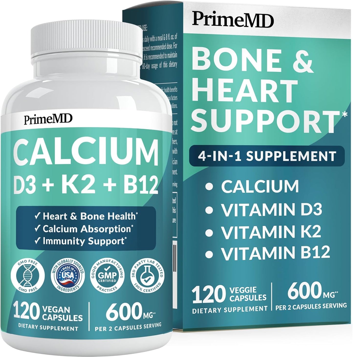 4-in-1 Calcium Supplements for Women and Men - Calcium with Vitamin D3 K2 5000 IU Supplement, 600mg per Serving - Gluten-Free, Vegan-Friendly (120 ct)
