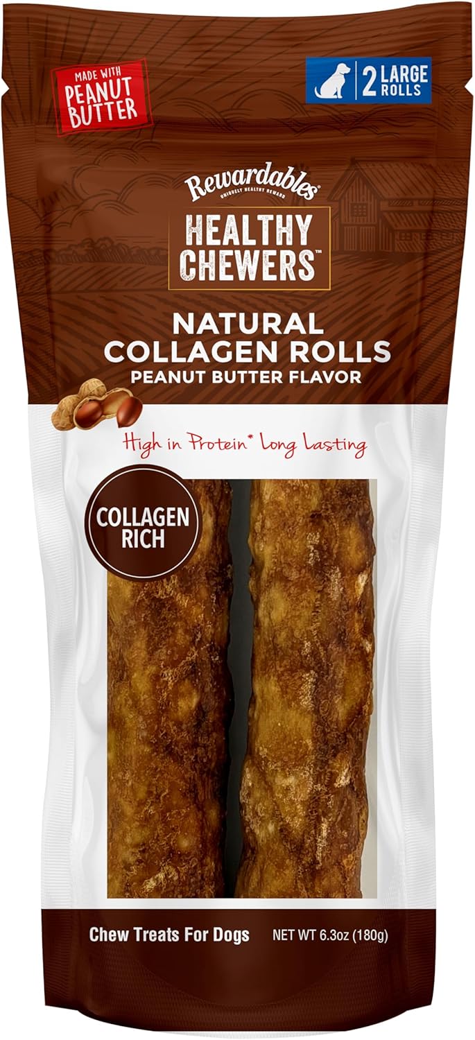 Healthy Chewers Peanut Butter Collagen Rolls 2 Count | High Protein, Long Lasting, Collagen Rich Chews for Large Dogs