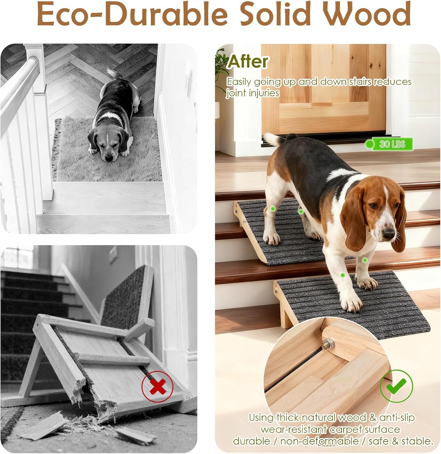 2 Pack Dog Ramp for Stairs - Foldable Wood Dog Stair Ramp with Non-Slip Carpet Surface, Portable Pet Steps for Stairs, Threshold- Assist Small Dog, Senior and Injured Dogs, Easy Store (Pet Safe)