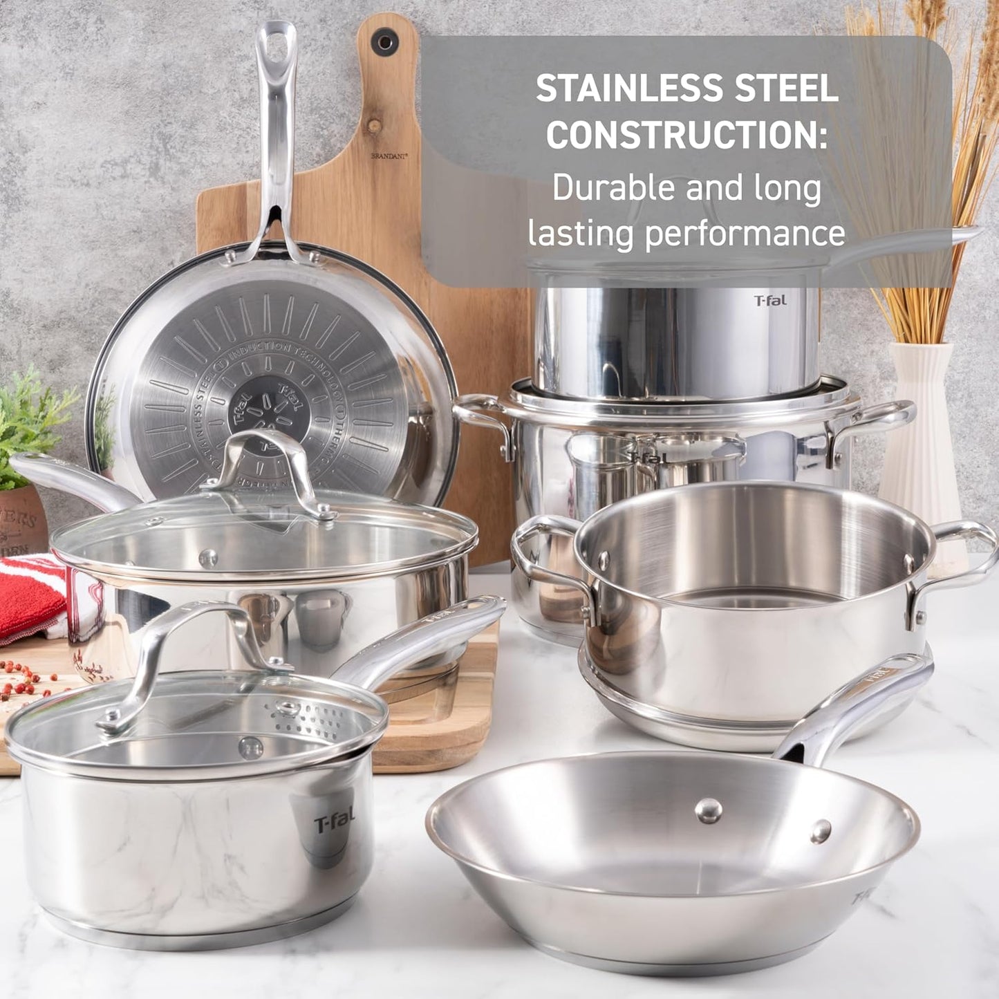 T-fal Gourmet Stainless Steel Cookware Set: 20-Piece Kitchen Essentials, Induction Compatible, Dishwasher Safe, Oven Safe to 500F, Durable Pots and Pans with Steamer for Versatile Cooking