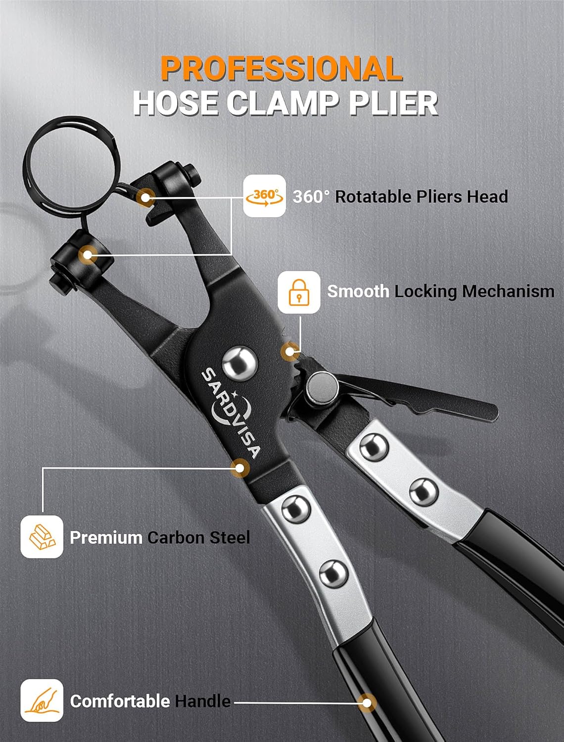 Hose Clamp Pliers, Heavy Duty Hose Clamp Tool with Locking Gear ＆ Black Non-Slip Handle, Professional Automotive Repair Tool for the Removal & Installation of Ring-Type and Spring Band Clamps
