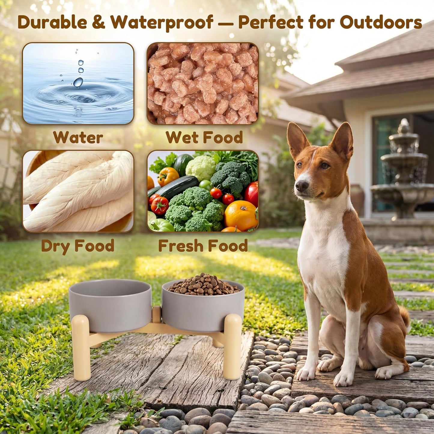 Elevated Ceramic Dog Bowl Set of 2 - Double Dishes with Non-Slip Stand - Raised Food and Water Bowls - Ideal for Small to Medium Dogs - Each Holds 2 Cups (28.75 fl oz) - Green