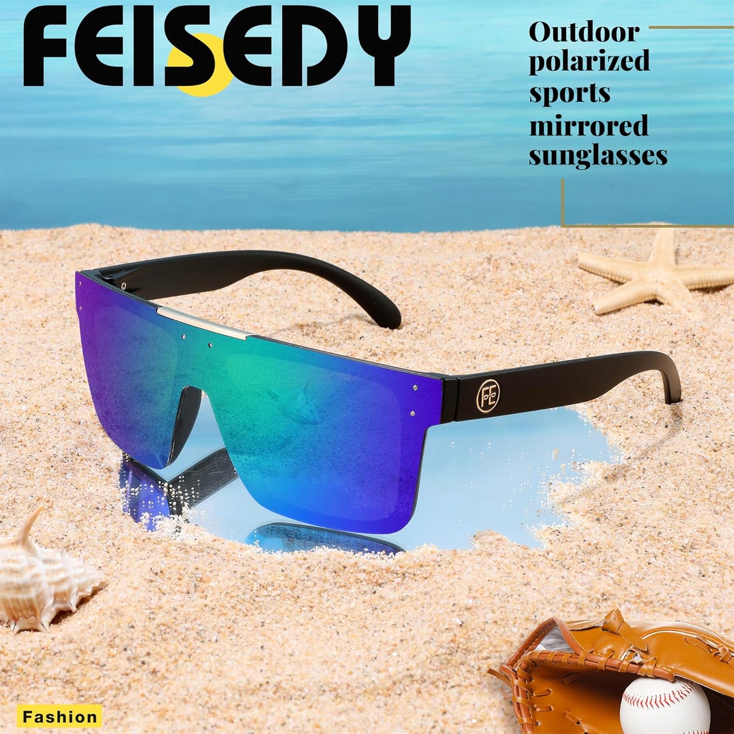 FEISEDY Polarized Sunglasses for Men, Oversized Square Flat Mirrored Z87 Lens, Fishing Driving Golf Outdoors Coastal B2990
