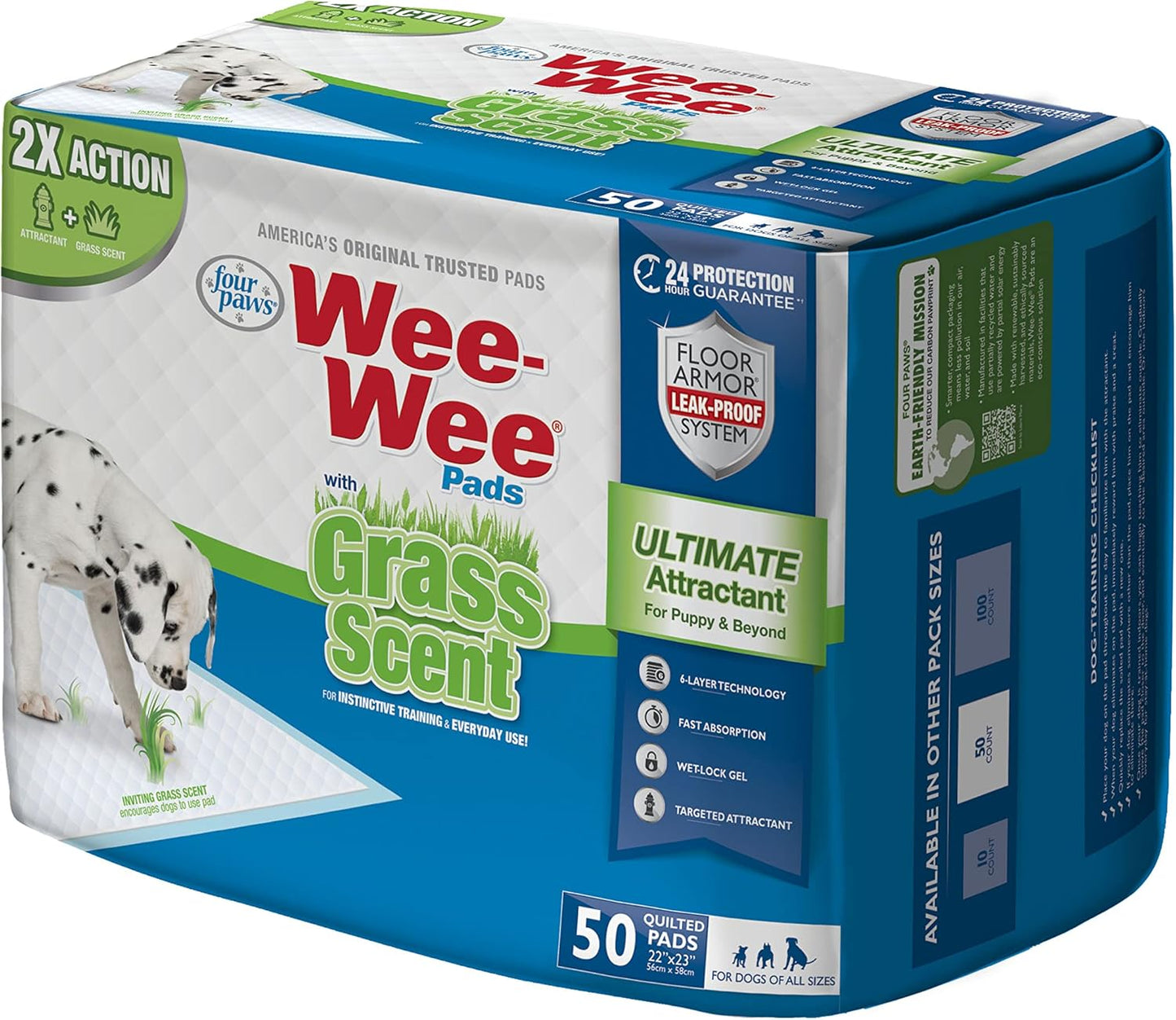 Four Paws Wee-Wee Ultimate Attractant Dog Pee Pads for Instinctive Training, Leak-Proof Floor Protection Dog & Puppy Quilted Potty Training Pads, Grass Scent, 22" x 23" (50 Count)