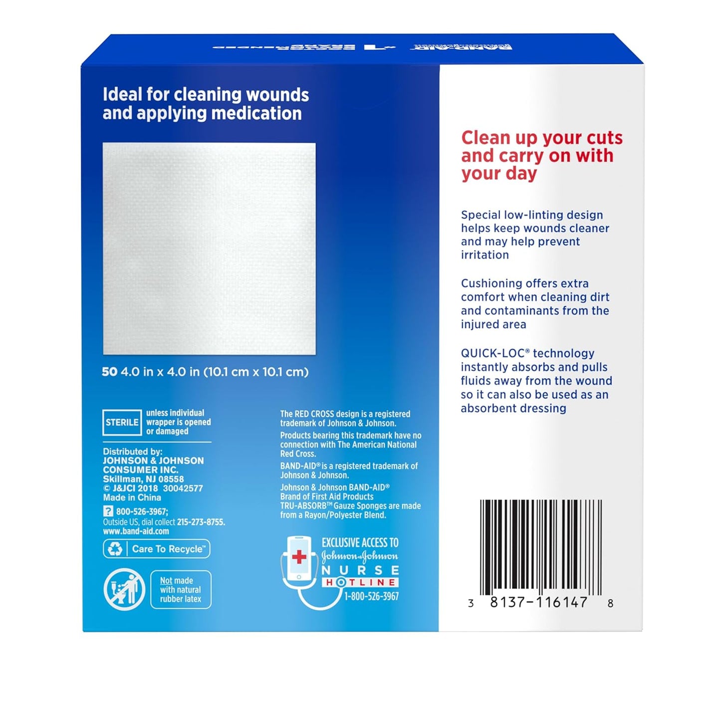 BAND-AID Brand First Aid Products Tru-Absorb Sterile Gauze Sponges for Cleaning and Cushioning Minor Wounds, Cuts & Burns, Low-Lint Design, Individually Wrapped 4 in by 4 in Pads