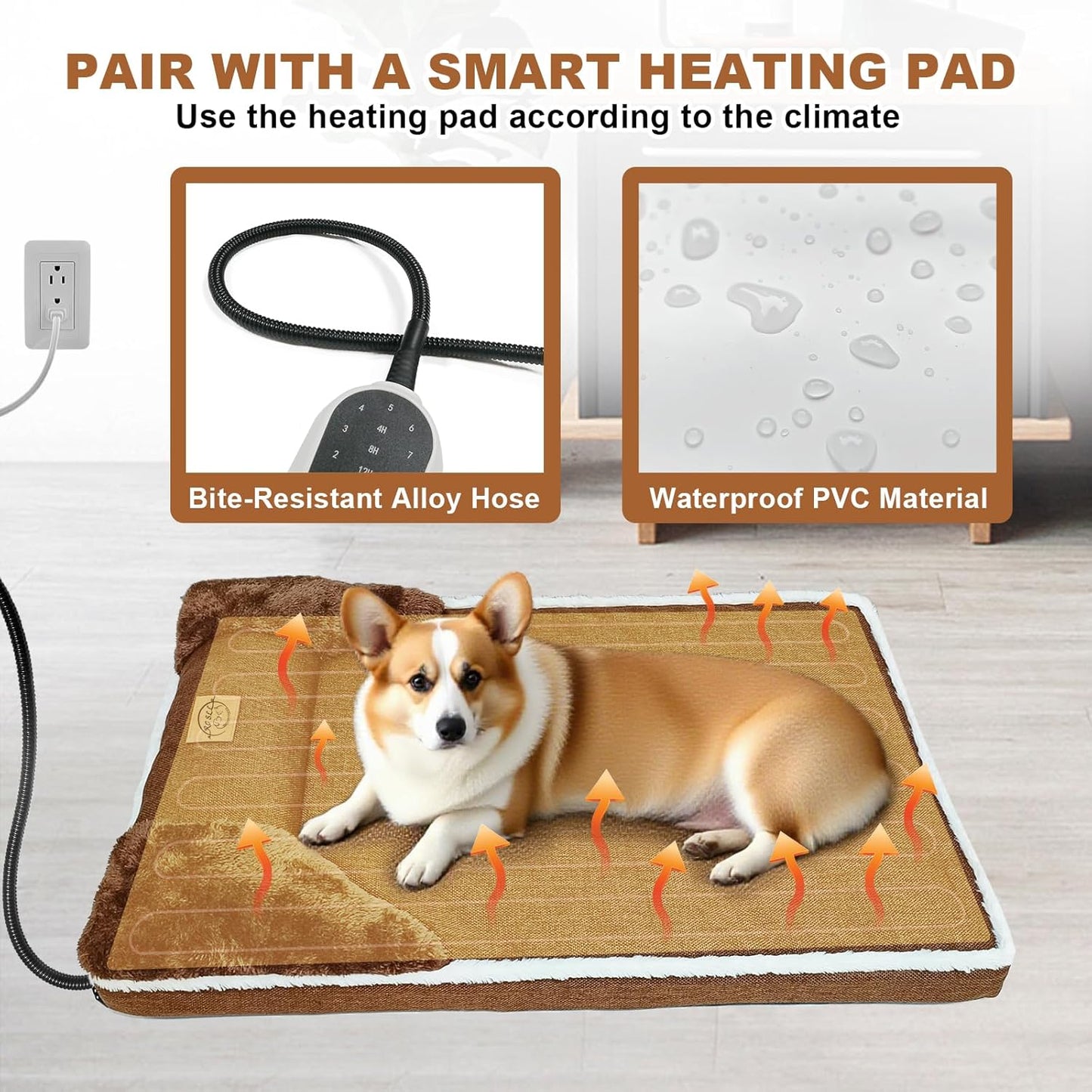 Heated Dog Bed, 30×20 Inch Memory Foam Pet Bed, Orthopedic Dog Bed with Timing Nine Gears Smart Switch for Small and Medium Dogs Soft, Removable Cotton Sleeve