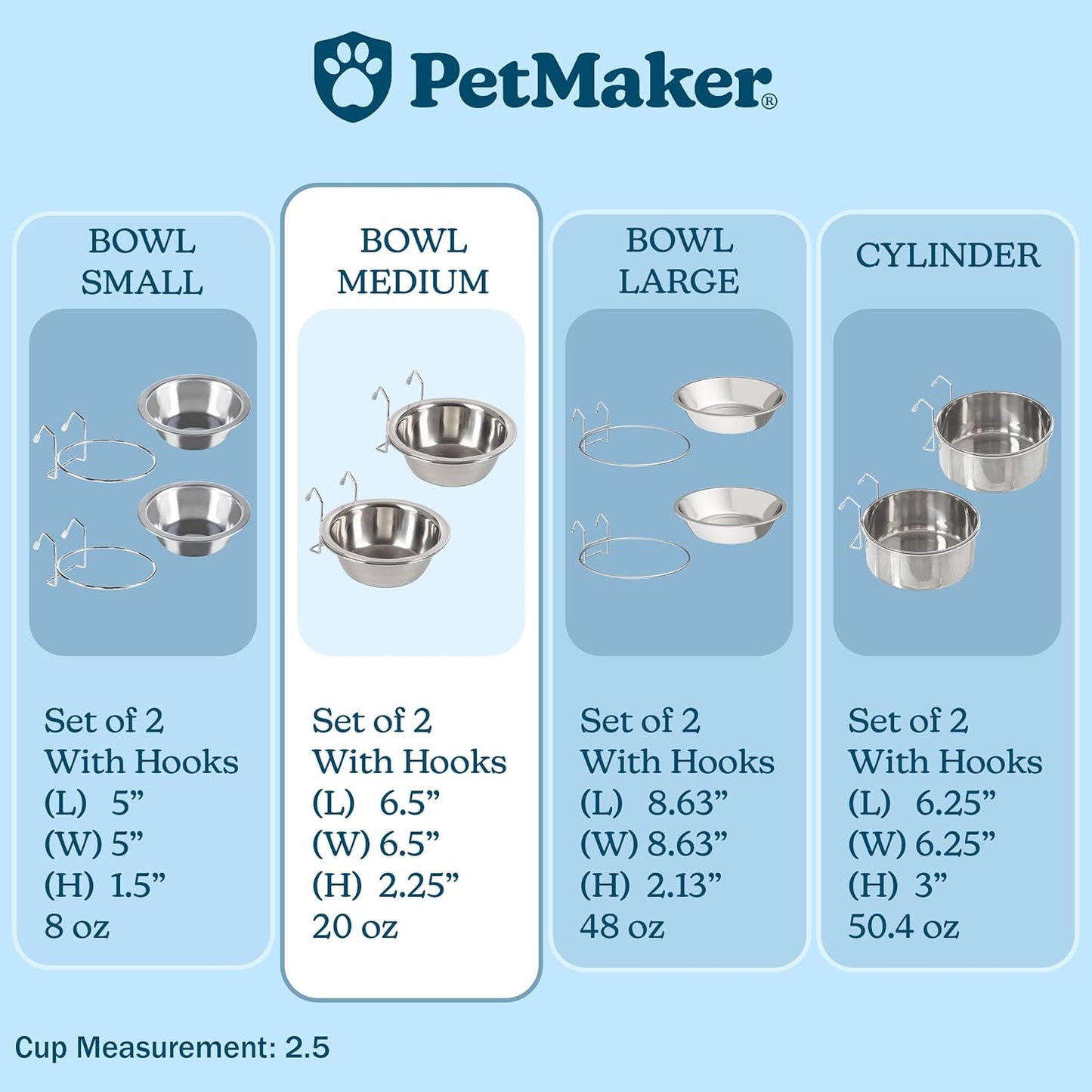 Set of 2 Stainless-Steel Dog Bowls - Cage, Kennel, and Crate Hanging Pet Bowls for Food and Water - 20oz Each and Dishwasher Safe by PETMAKER,Silver