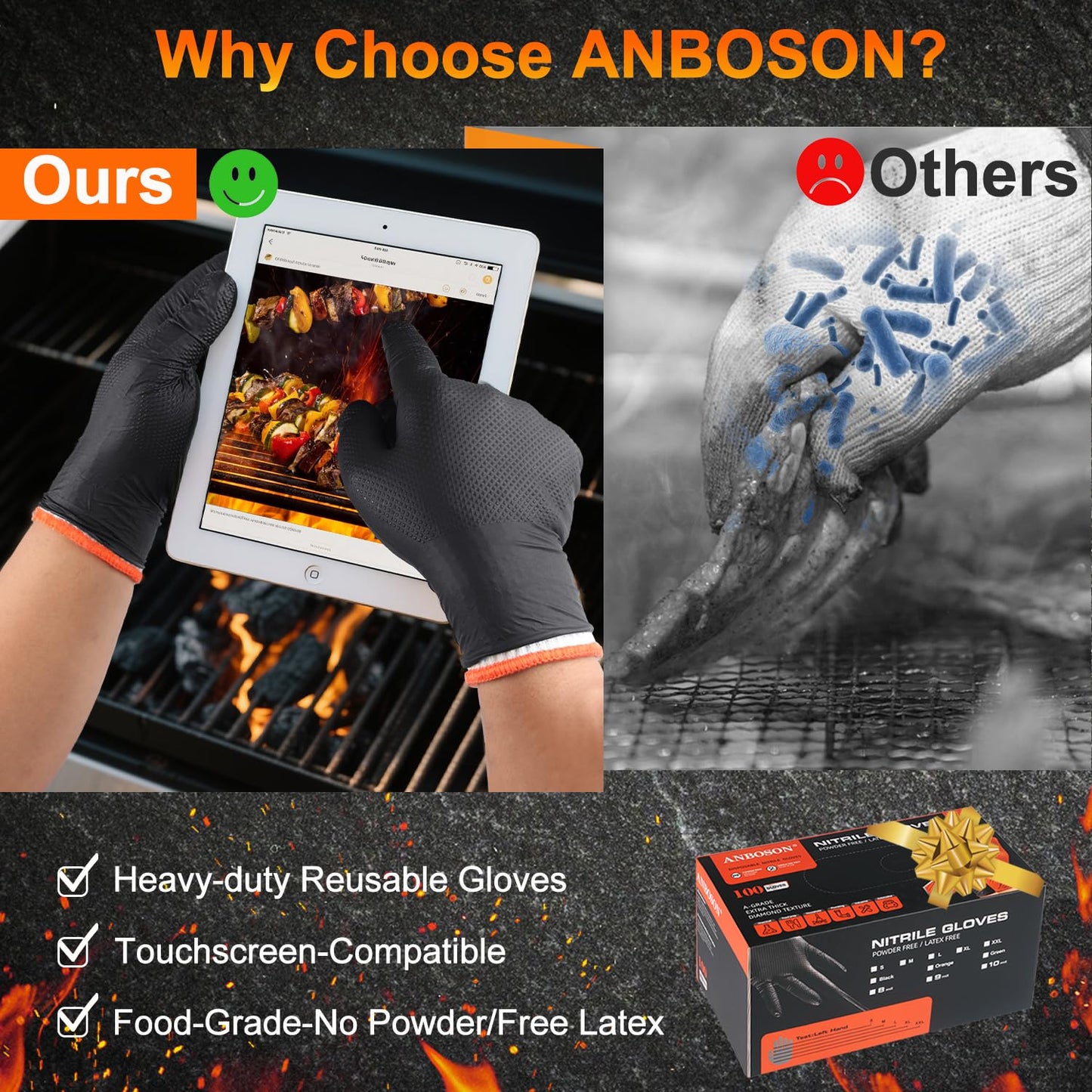 BBQ Gloves for Grilling Disposable Heat Resistant - 100 Nitrile Gloves + 4 Reusable Cotton Liners for Barbecue Smoker, Cooking Hot Meat - 10Mil Thick, Non-Slip Grip - Black Large