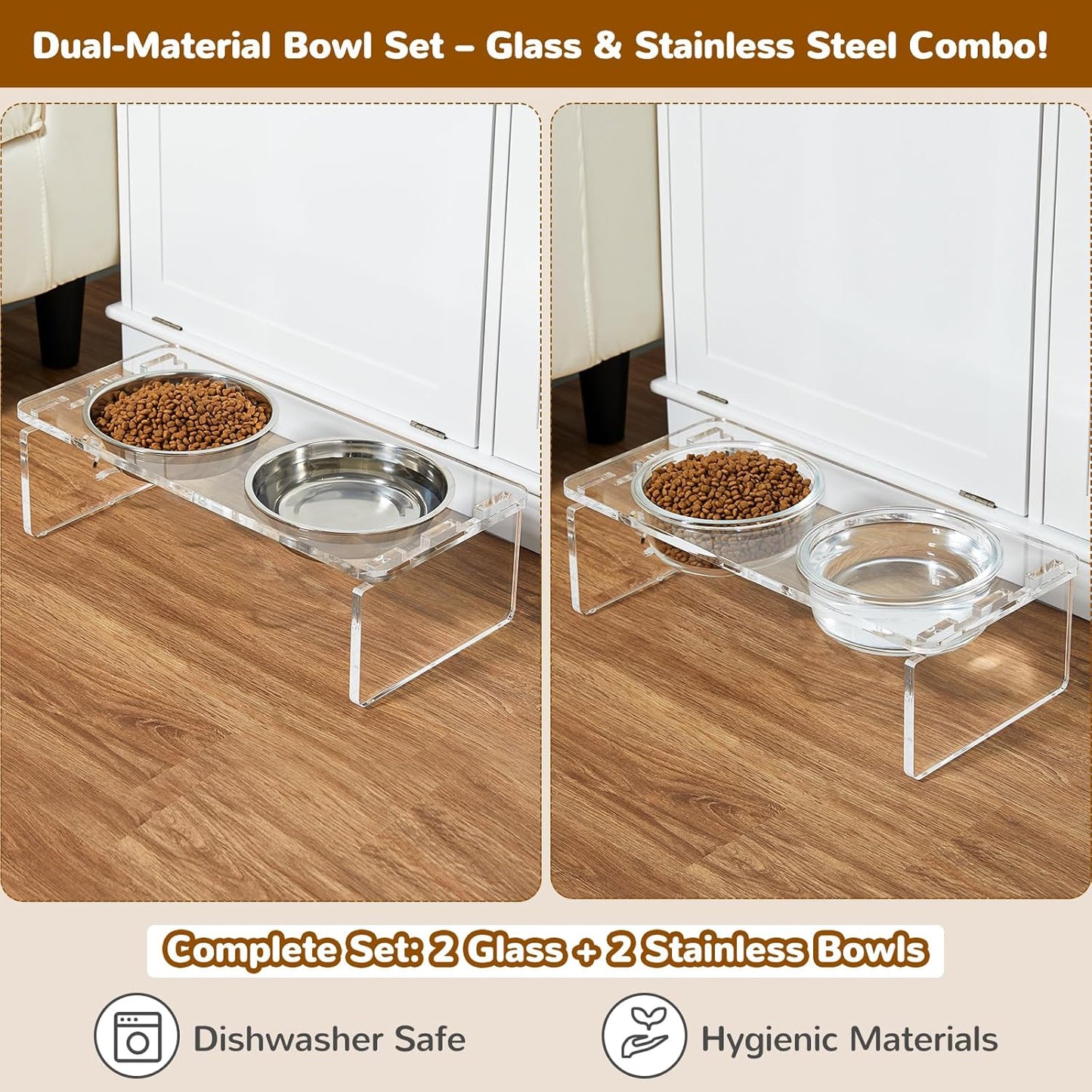 Clear Acrylic Elevated Dog Bowls with Writable Name Signs - 2×32oz Thick Glass & 2×Stainless Steel Bowls, 5.5" Height Raised Pet Feeder Stand, Food and Water Bowl Set for Medium Dogs