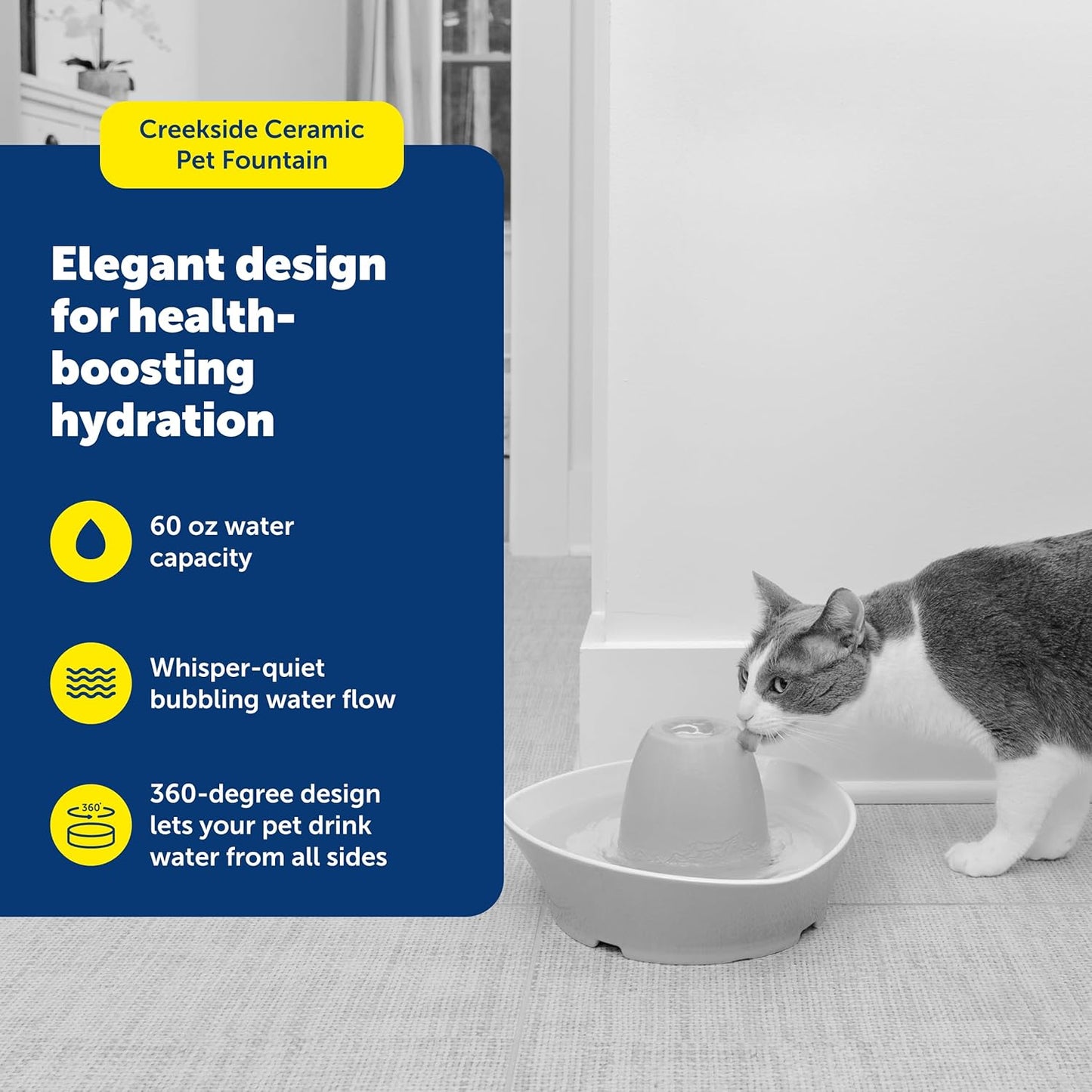 PetSafe Ceramic Pet Fountain – for Cats and Small Dogs – 60 Oz Water Capacity – Whisper-Quiet Water Flow – Great for Shy or Timid Pets – Fresh, Filtered Water