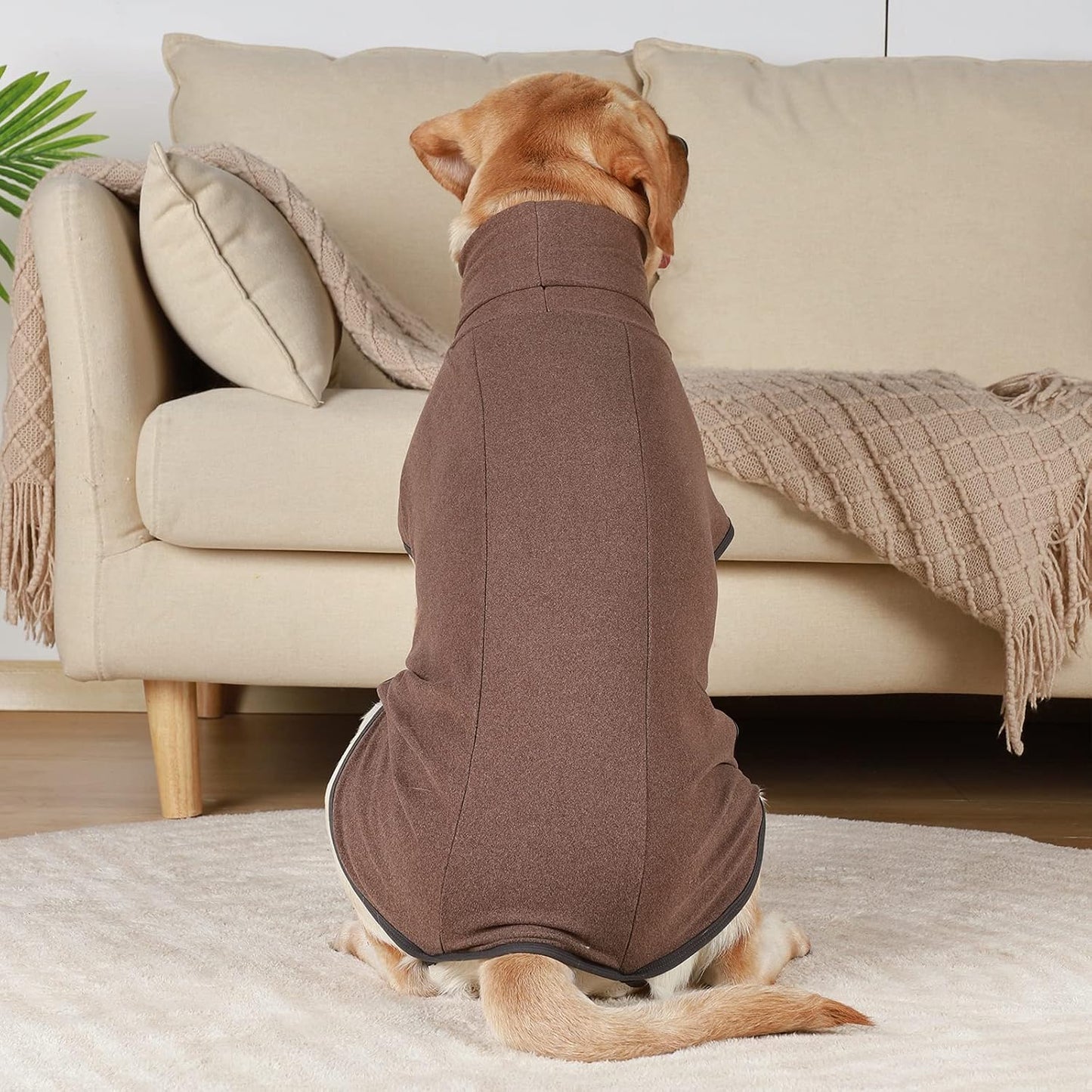 ROZKITCH Dog Fleece Sweater, Pet Windproof Warm Cold Weather Jacket Vest Cozy Jumpsuit Apparel Outfit Clothes for Walking Hiking Travel Sleep Brown L
