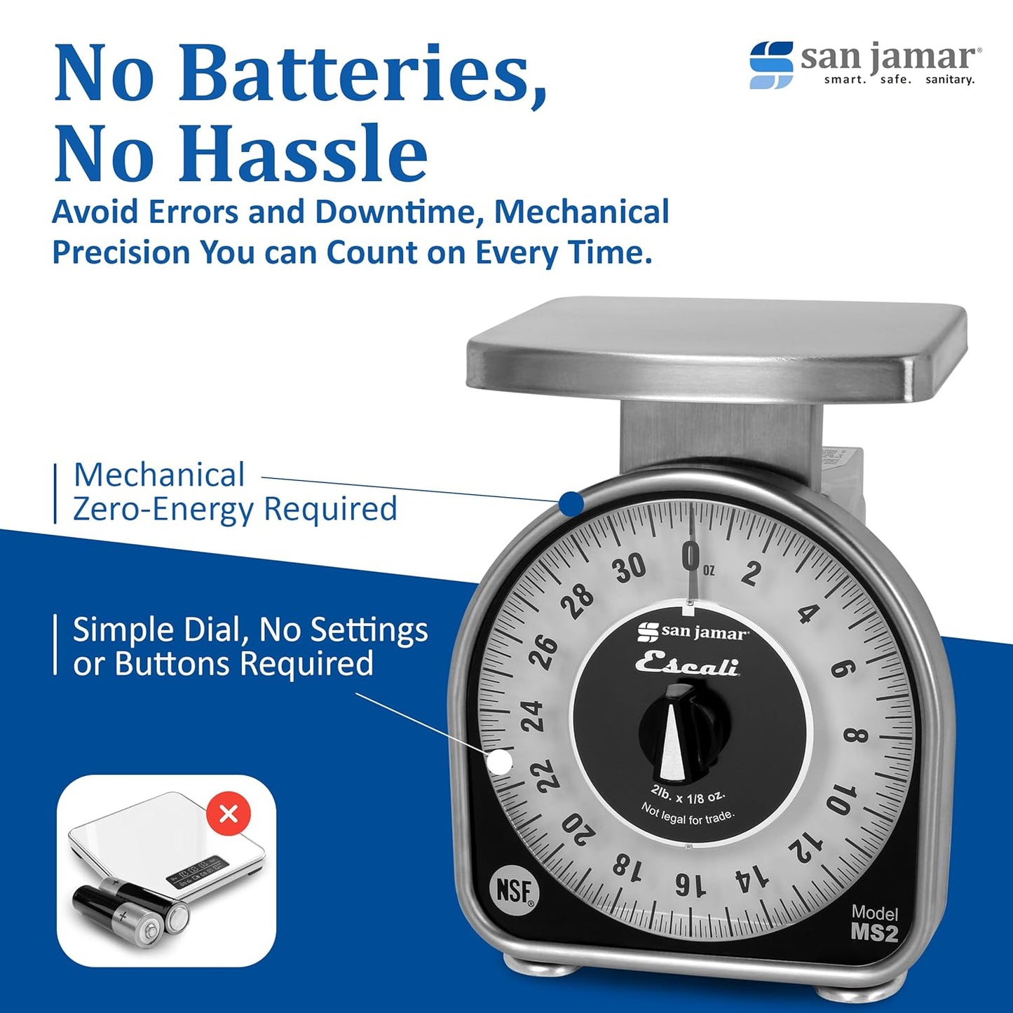 San Jamar Ms Series Mechanical Dial Scale Manual Food Scale with 2 Pound Capacity for Kitchens, Restaurants, And Cooking, Metal, 32 Ounces, Silver