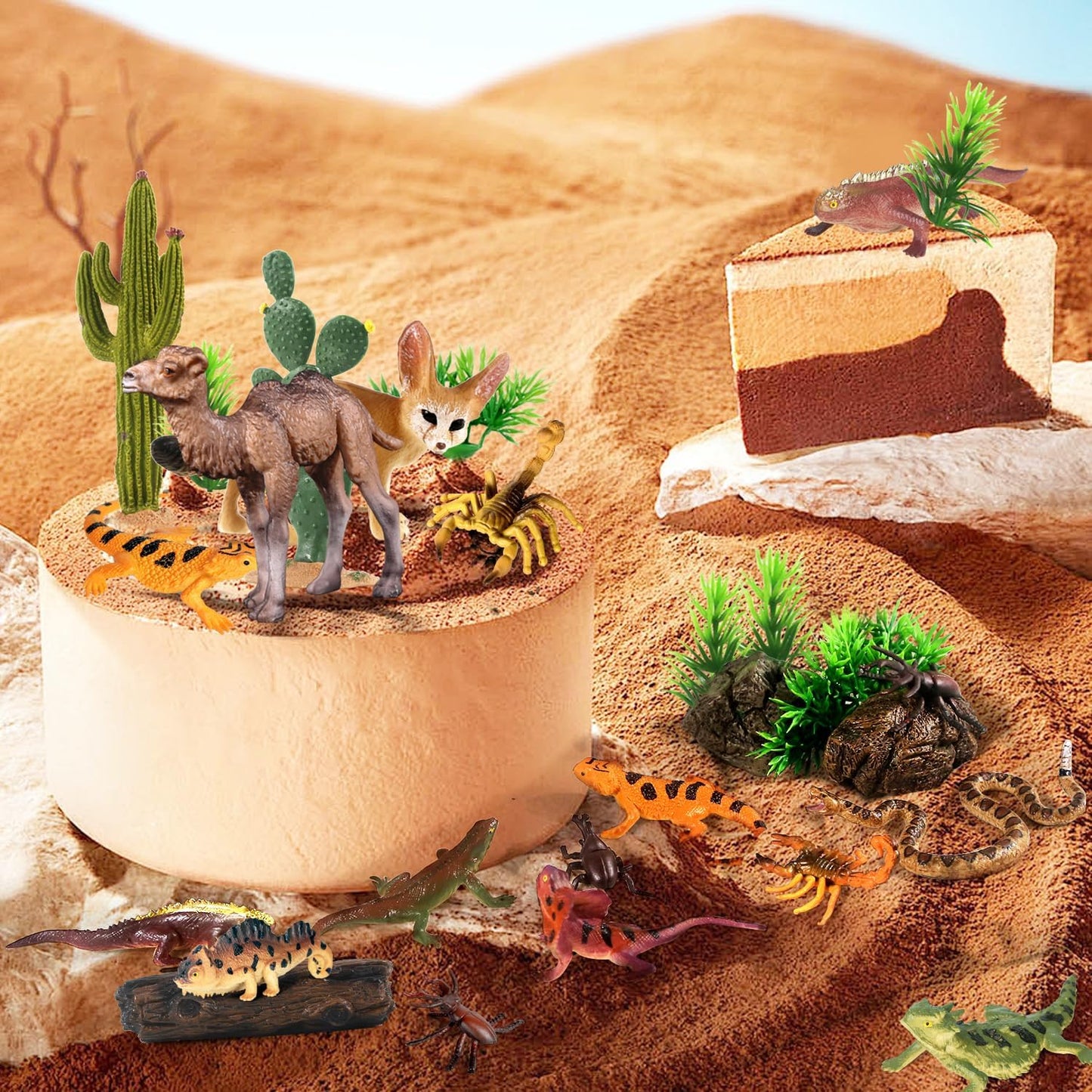 SIENON 32Pcs Desert Animal Figures Playset Model Trees Cactus Kit Diorama Project with Camel Fennec Fox Rattlesnake Scorpion Lizard Reptile Toy for Kids Birthday Cake Toppers Party Decorations